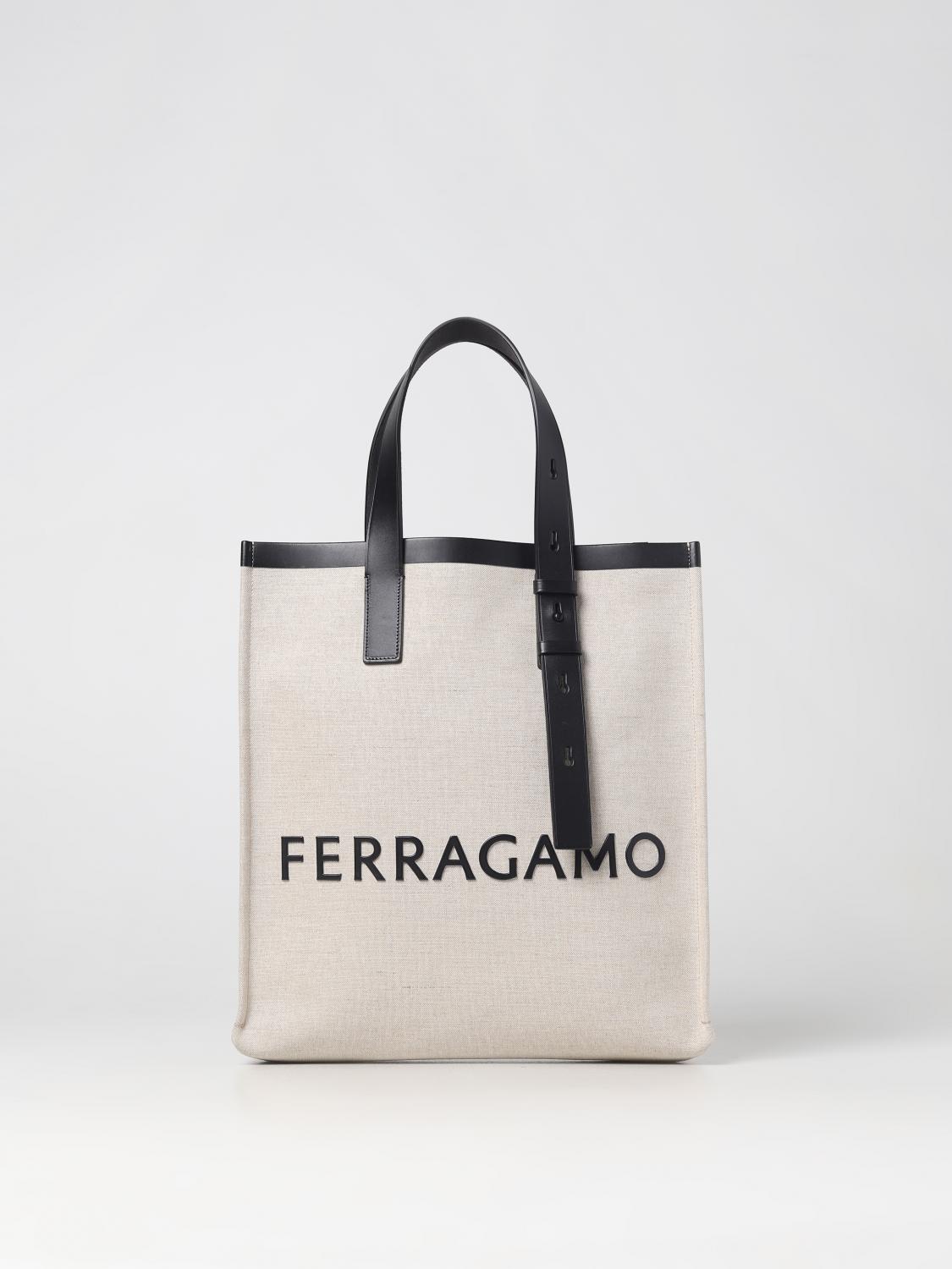 Ferragamo Canvas Tote Bag With Logo In Beige