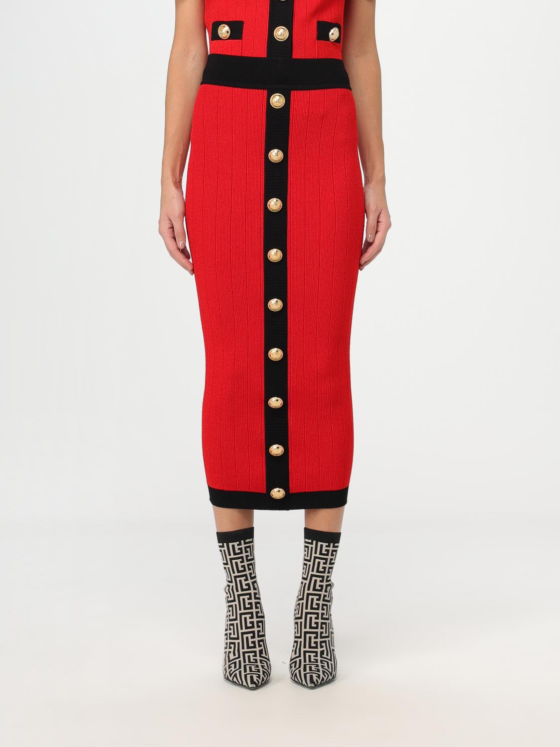 Balmain Red Knitted Midi Skirt With Buttons In Red