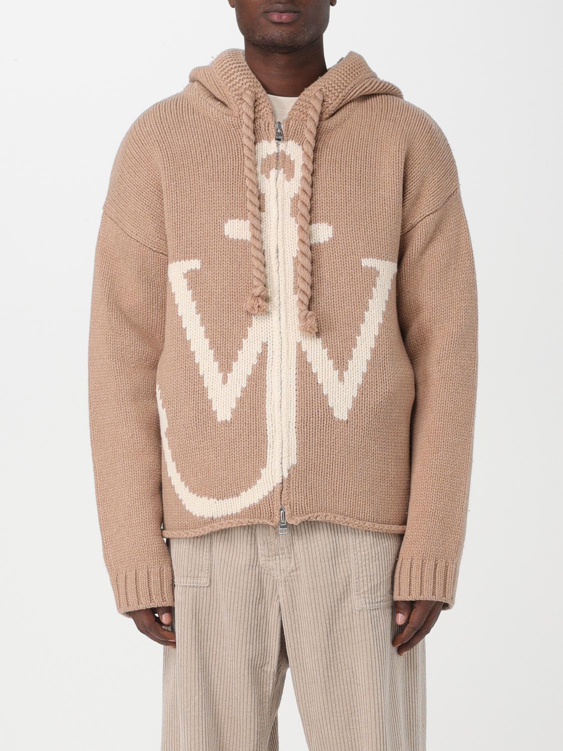 Jw Anderson Logo Wool Knit Zip-up Hoodie In Beige