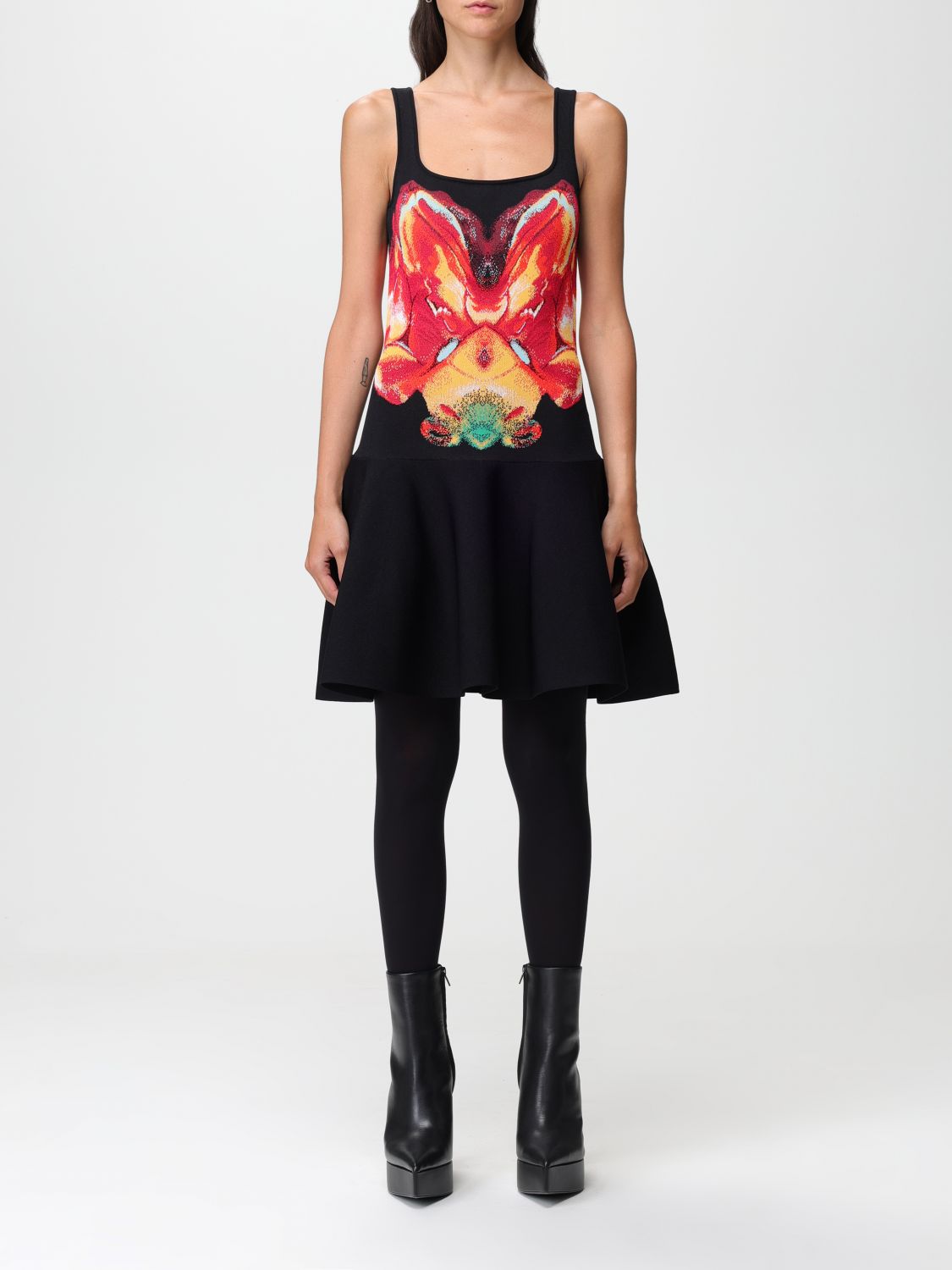 Shop Alexander Mcqueen Dress In Viscose Blend With Orchid Print In Black