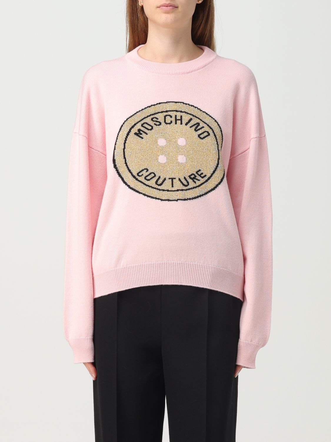 Moschino Couture Wool Sweater With Inlay Button In Pink