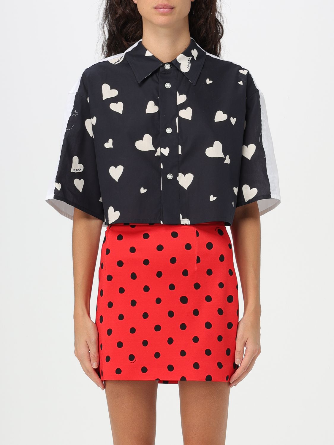 Marni Cotton Poplin Shirt With Bunch Of Hearts Print In Blue