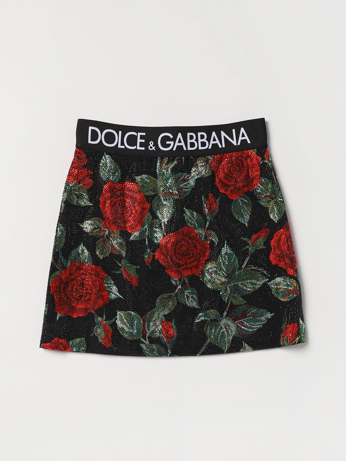 Dolce & Gabbana Kids' Skirt In Stretch Silk With Rhinestones And Logoed Elastic In Red