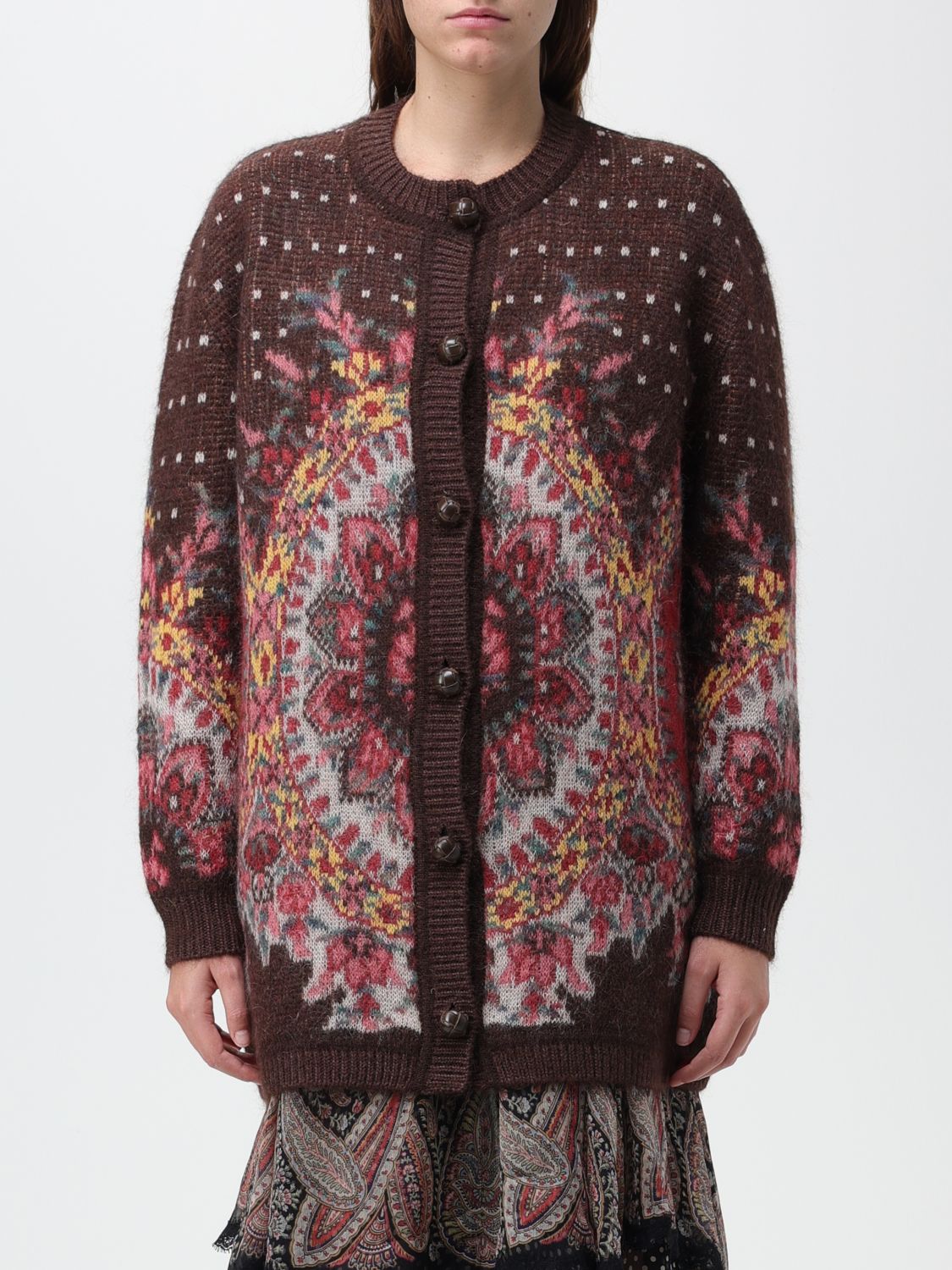 Shop Etro Cardigan In Jacquard Mohair Wool Blend In Brown