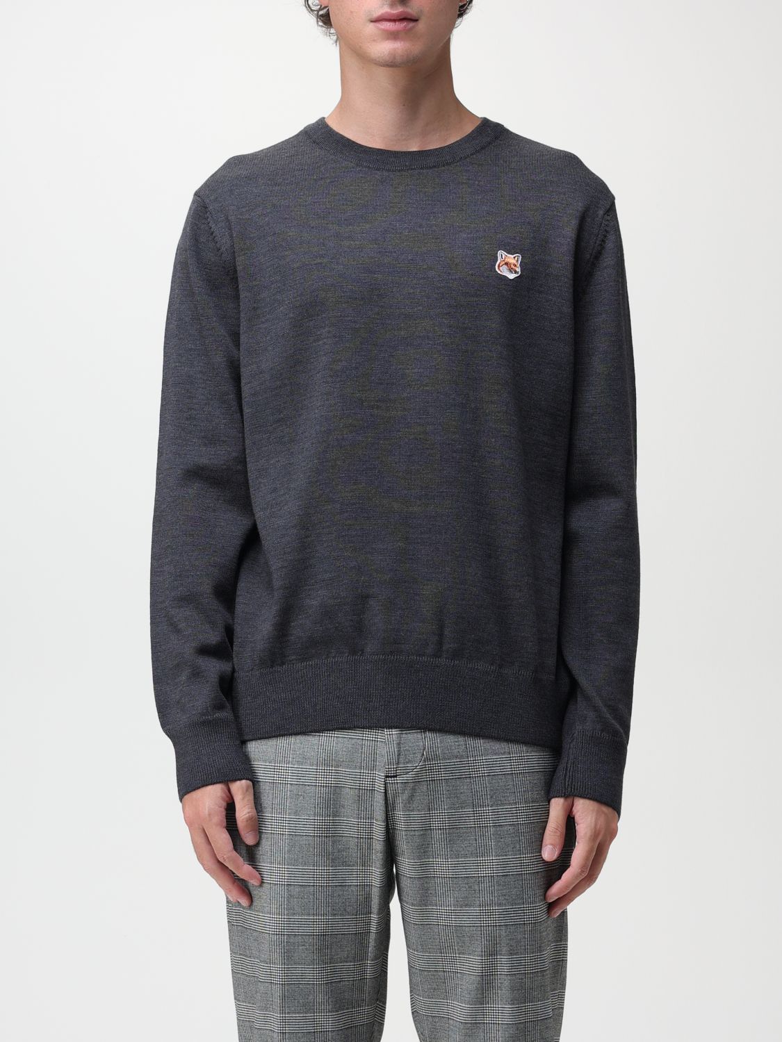 Maison Kitsuné Wool Sweater With Patch In Charcoal