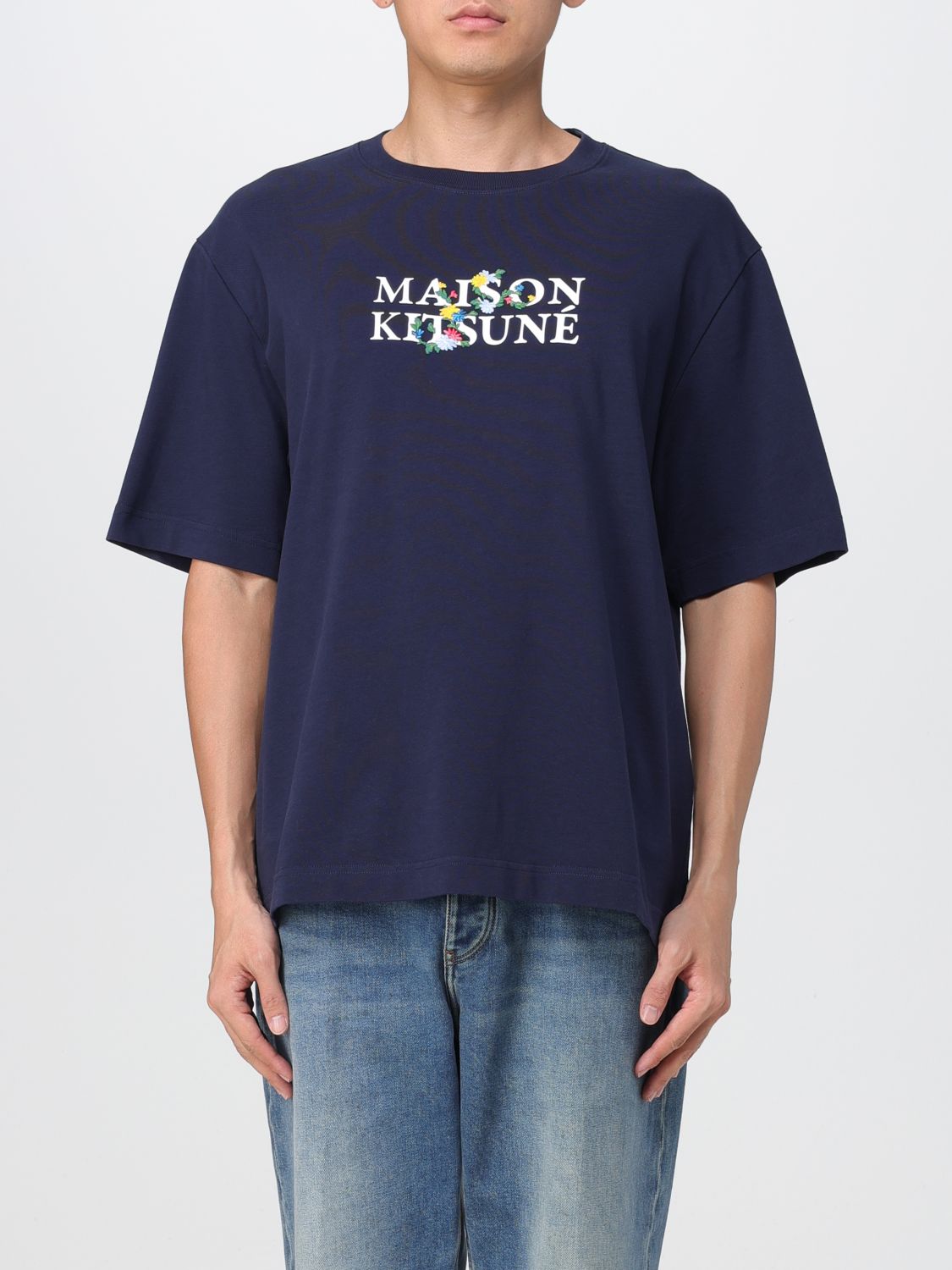 Shop Maison Kitsuné T-shirt With Logo Print And Embroidery In Blue