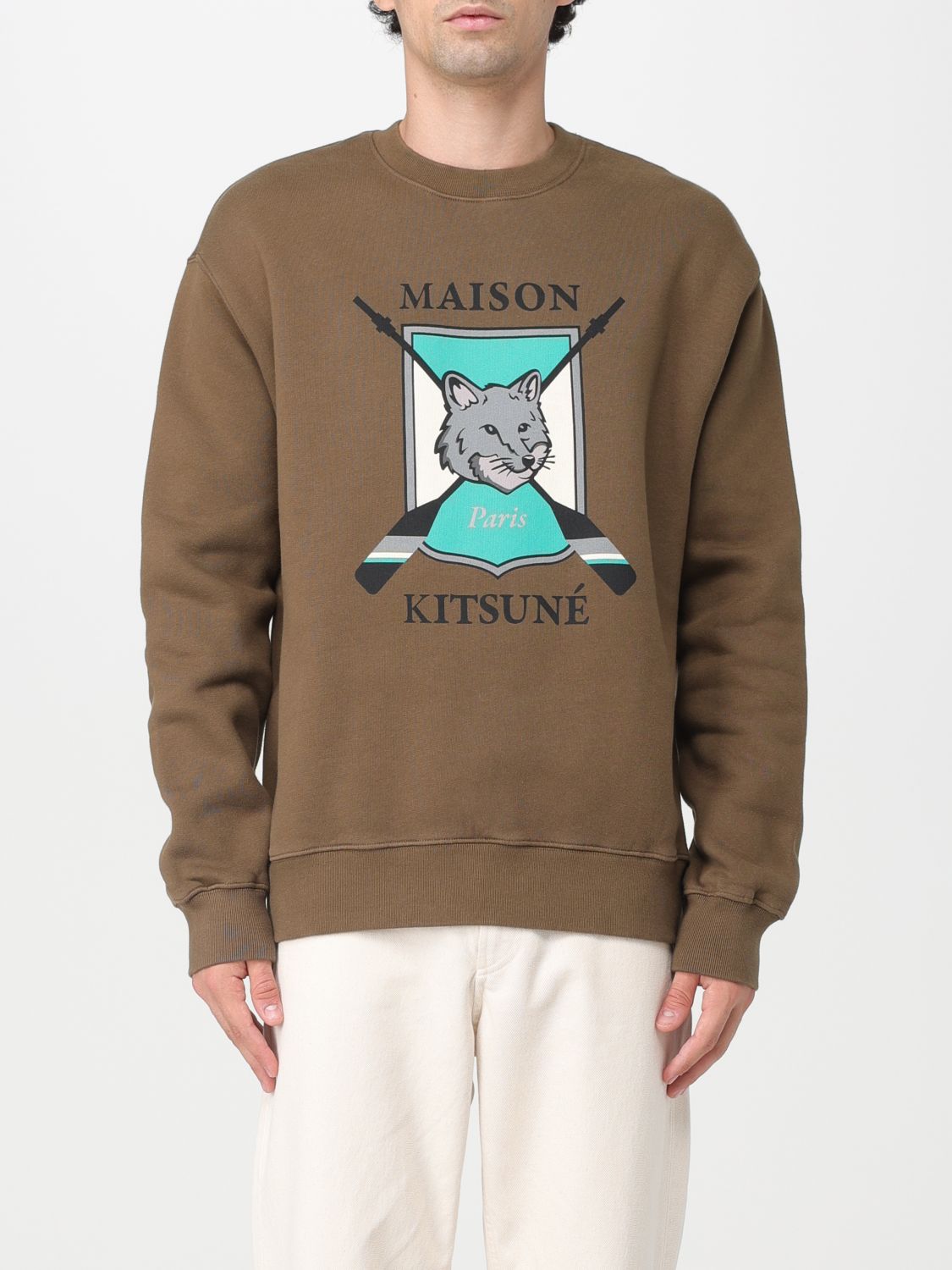 Maison Kitsuné Sweatshirt In Cotton With Print In Kaki