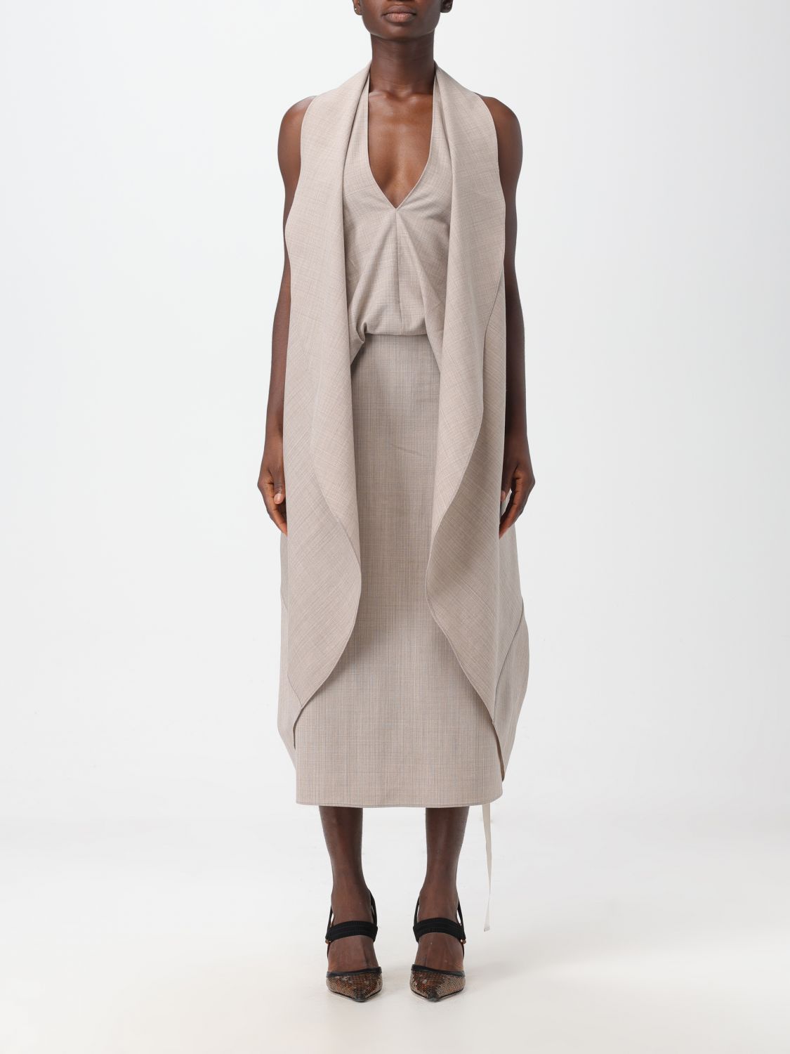 Fendi Wool Dress With Back Logoed Ribbon In Beige