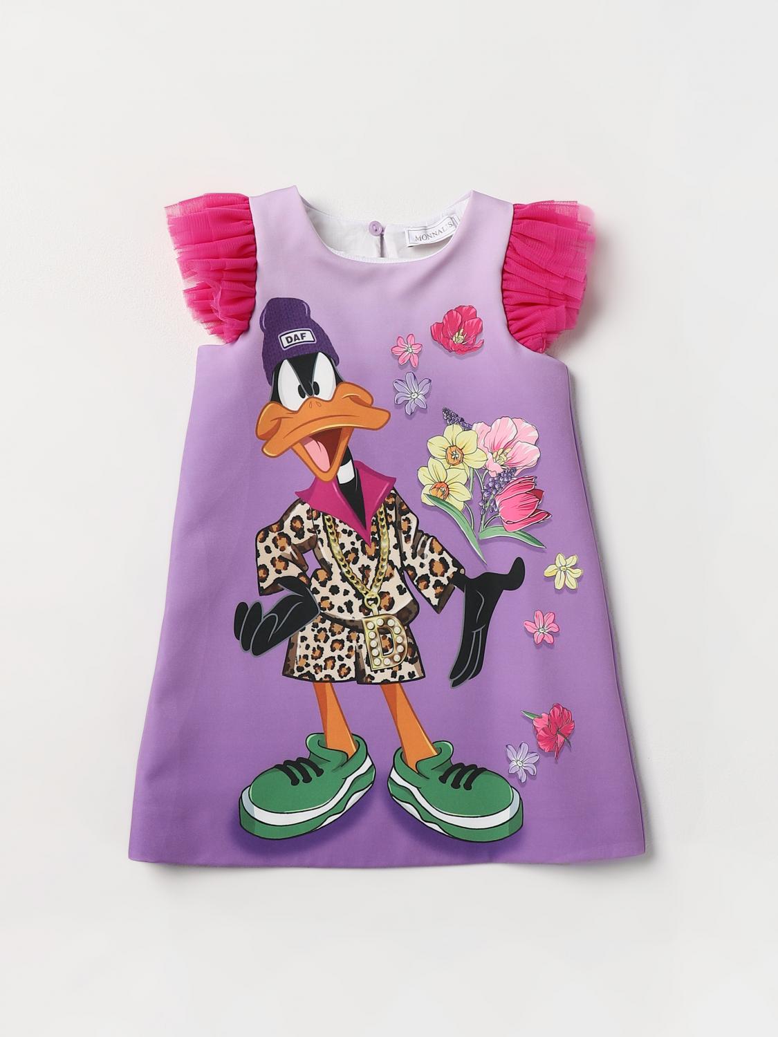 Monnalisa Daffy Duck Crepe Dress In Violet