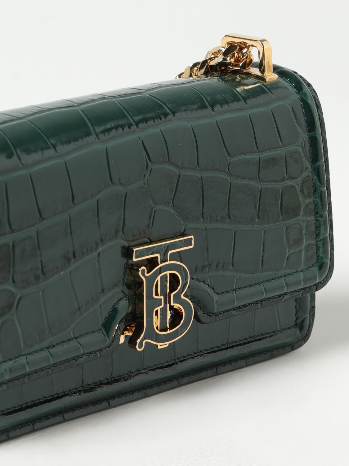 BURBERRY: TB bag in crocodile print leather with monogram - Green