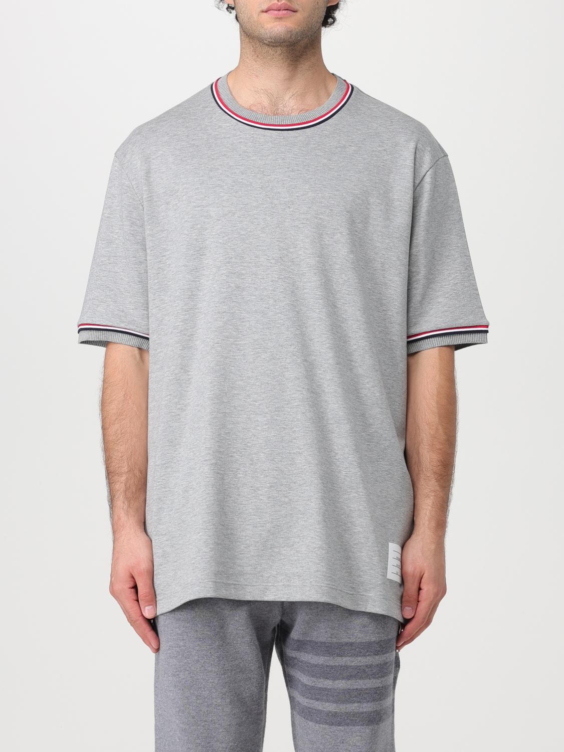 Thom Browne Cotton Crew Neck T-shirt With Striped Trim In Grey