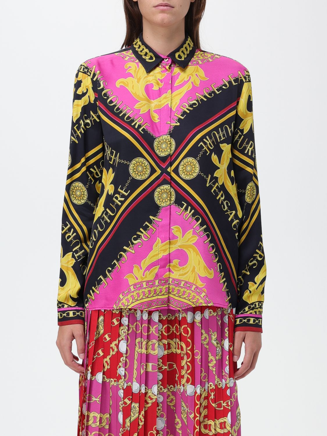 Shop Versace Jeans Couture Shirt In Viscose In Fuchsia