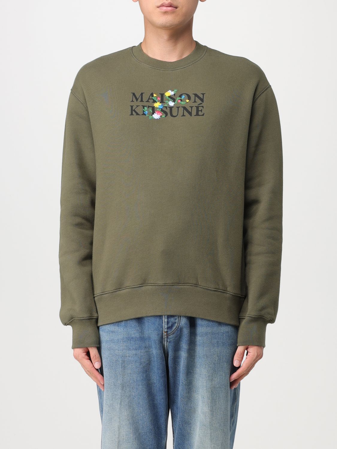 Shop Maison Kitsuné Cotton Sweatshirt With Logo And Embroidery In Military