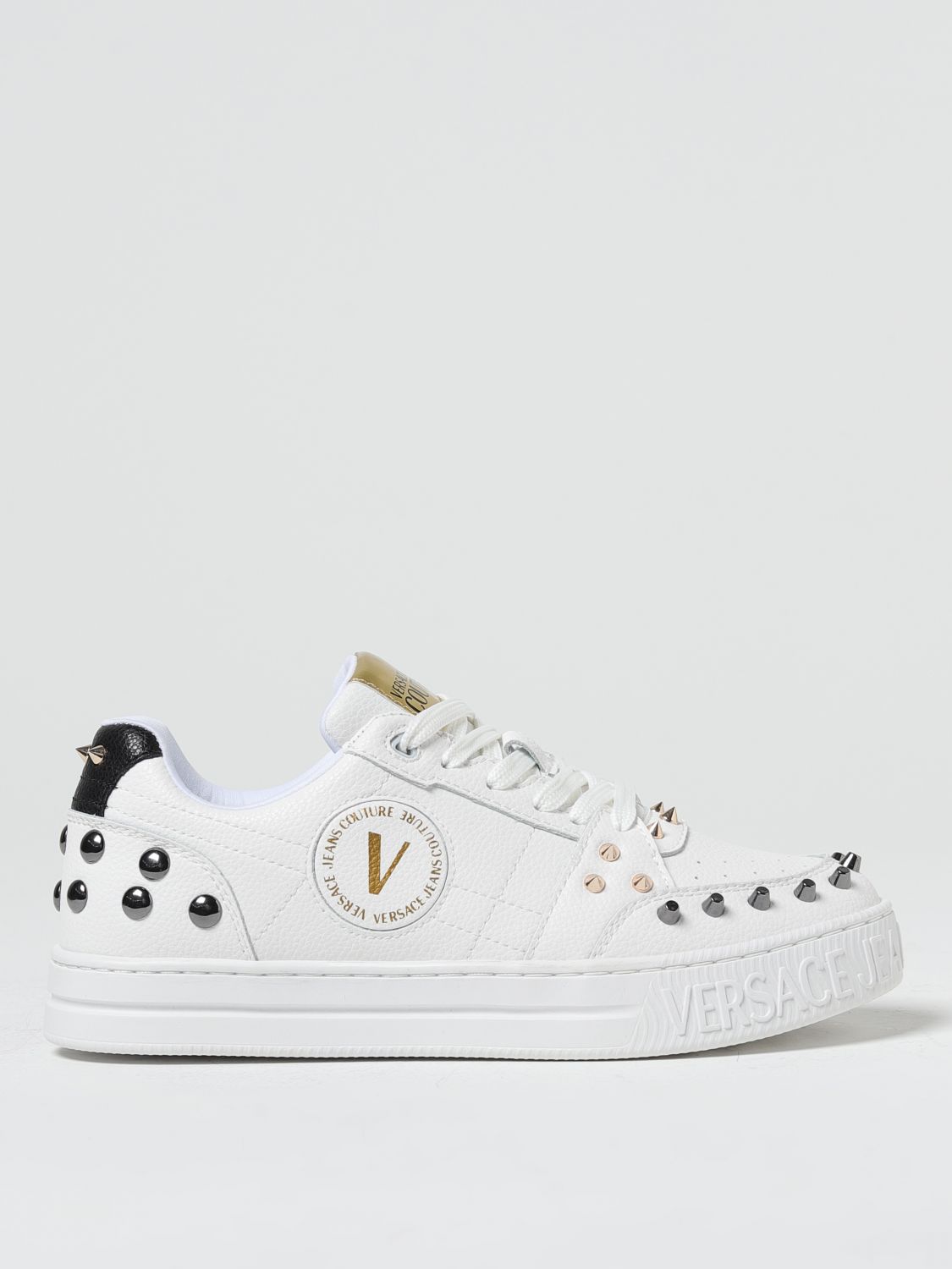 Shop Versace Jeans Couture Sneakers In Grained Leather With Studs In White