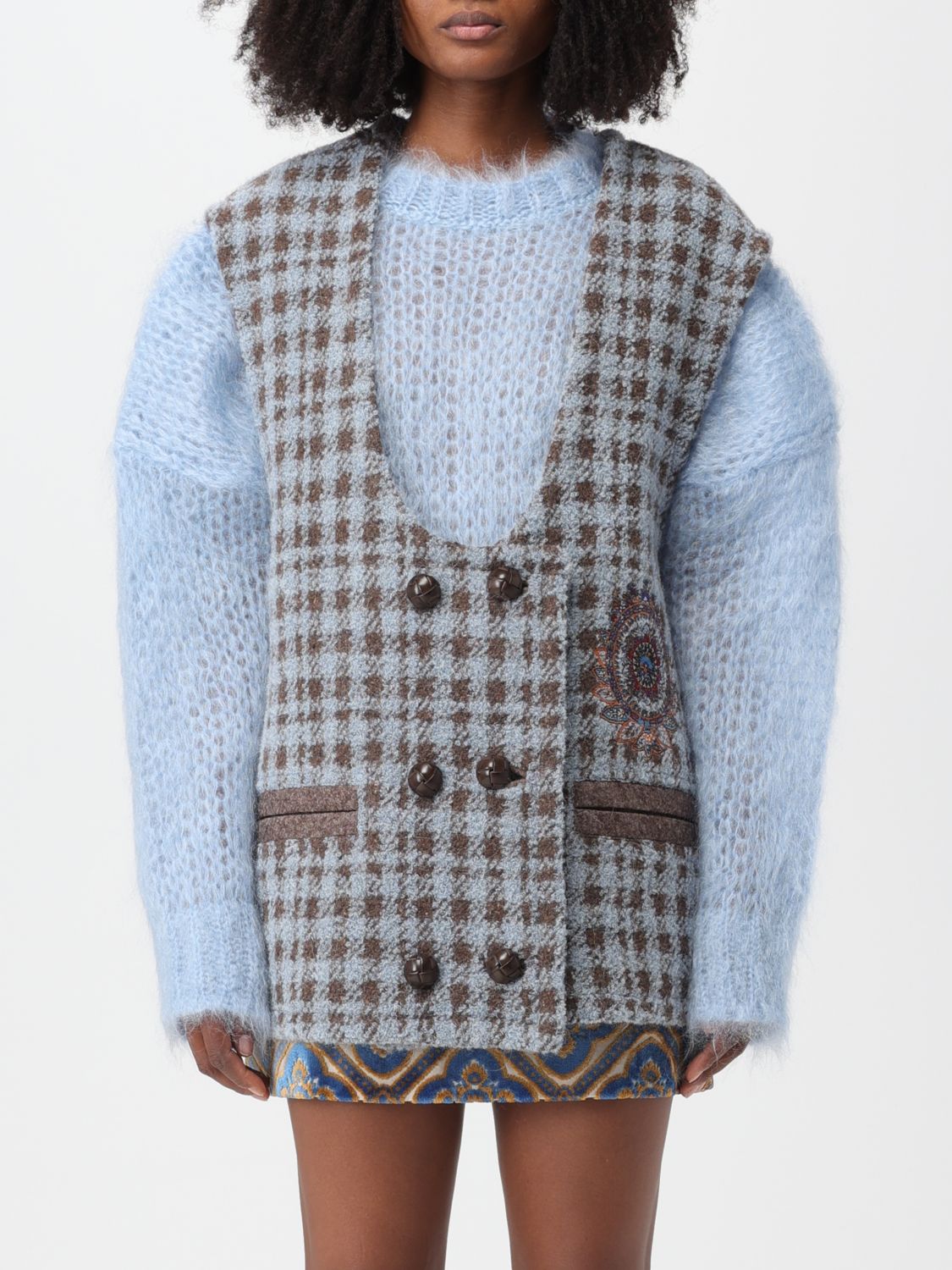 Shop Etro Waistcoat In Wool Cloth With Houndstooth Pattern In Blue