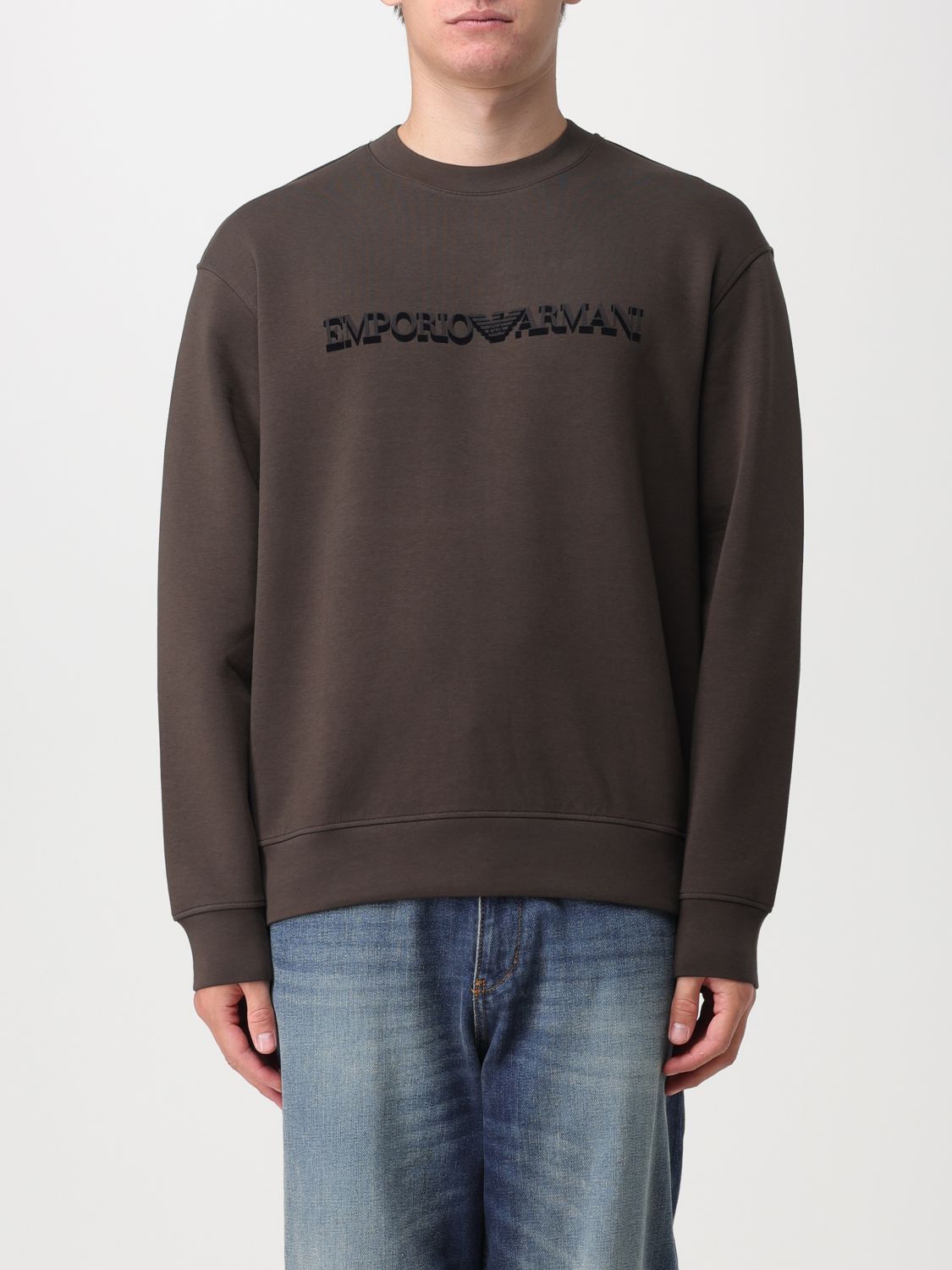 Emporio Armani Official Store Double-jersey Sweatshirt With Flocked Logo Print In Green