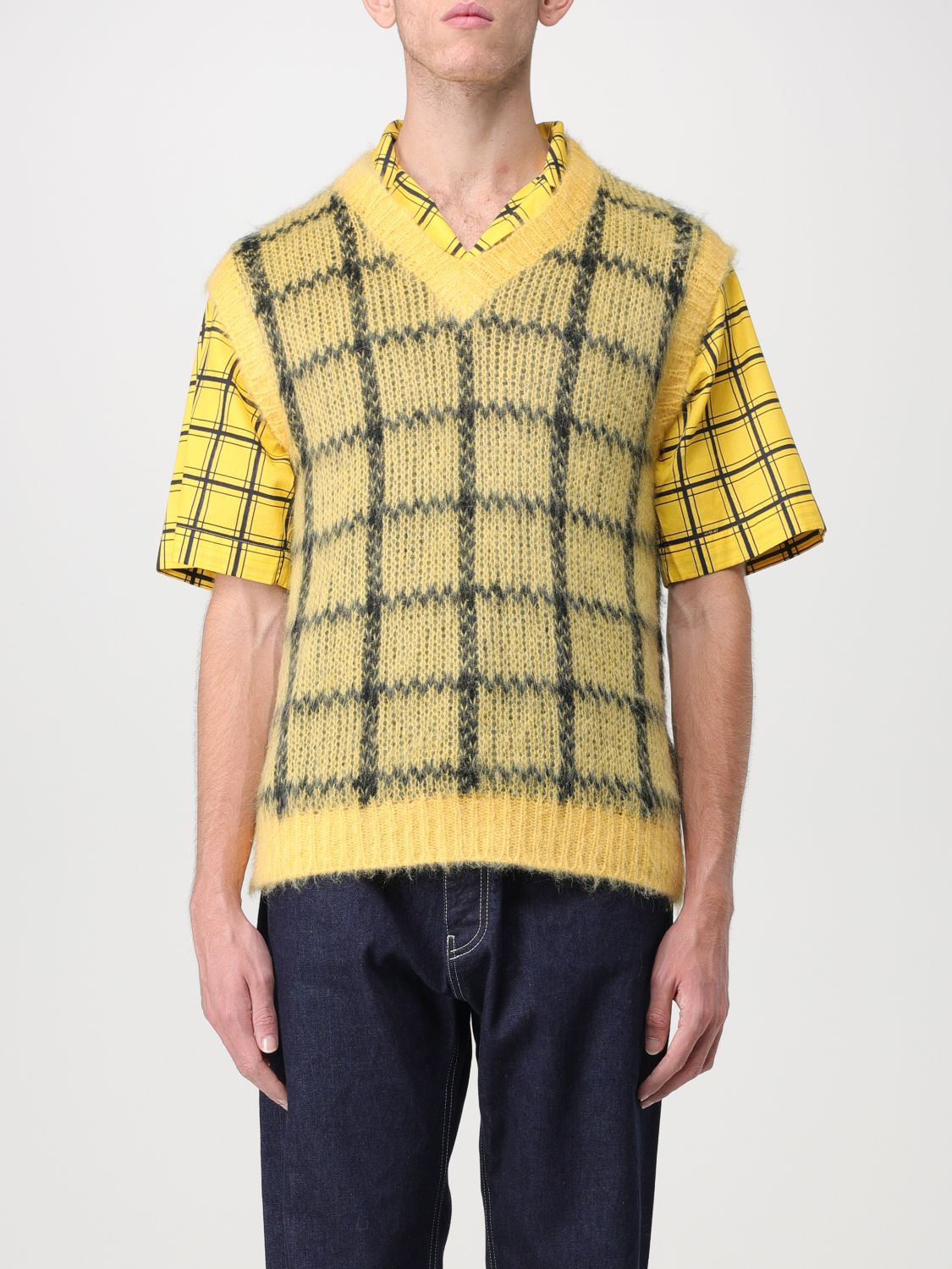 Shop Marni Mohair Blend Waistcoat With Check Pattern In Yellow