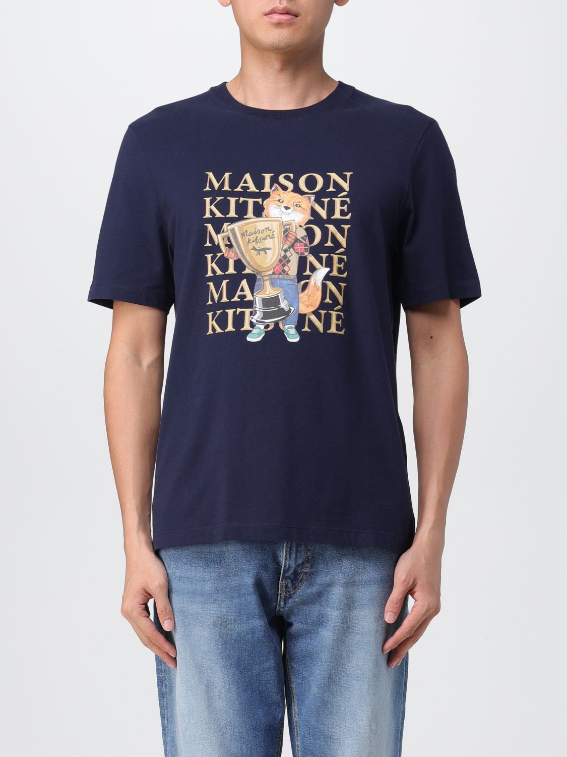 Shop Maison Kitsuné Champion Cotton T-shirt With Print In Blue