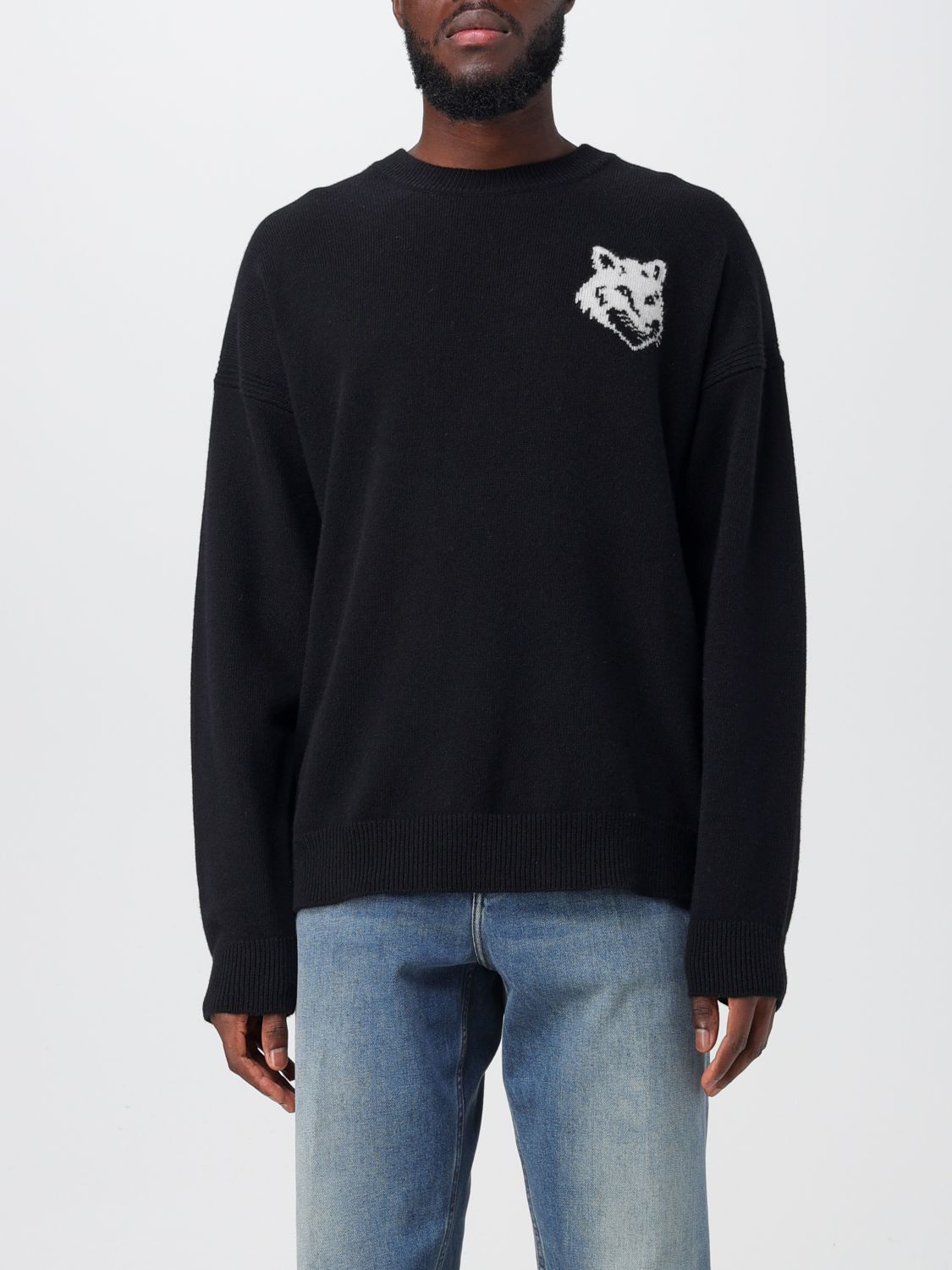 Shop Maison Kitsuné Sweater In Wool With Inlay In Black