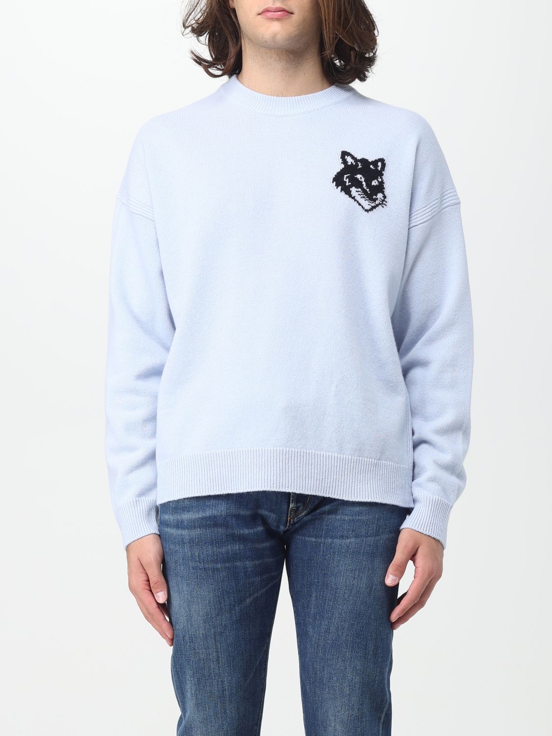 Maison Kitsuné Sweater In Wool With Inlay In Gnawed Blue