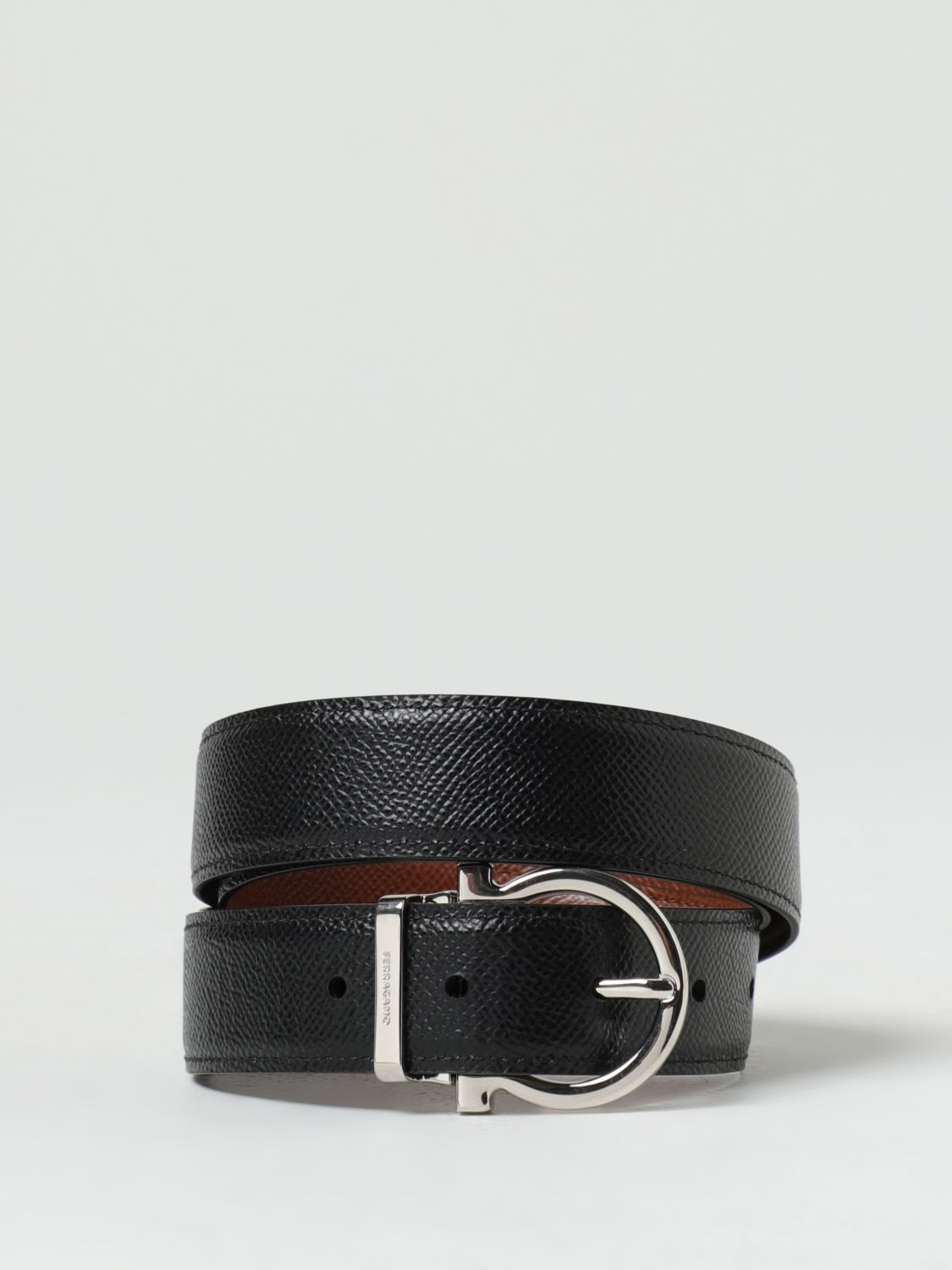Ferragamo, Grained leather silver buckle reversible belt