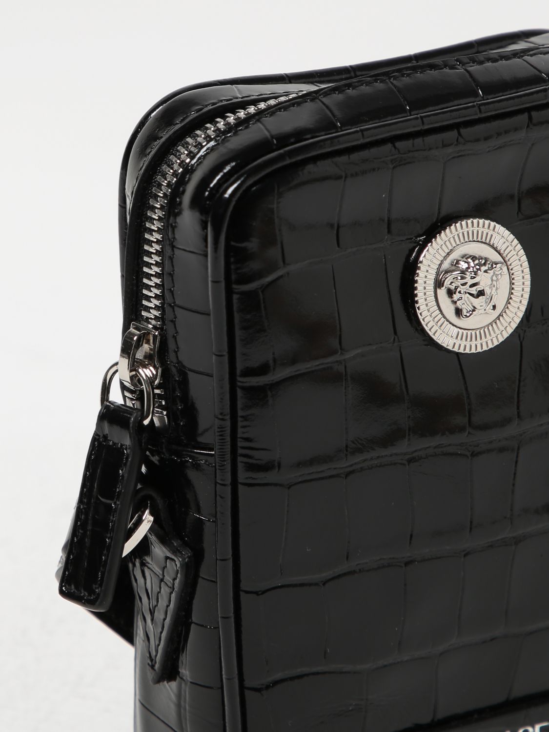 VERSACE: Medusa Biggie bag in crocodile-print leather - Black