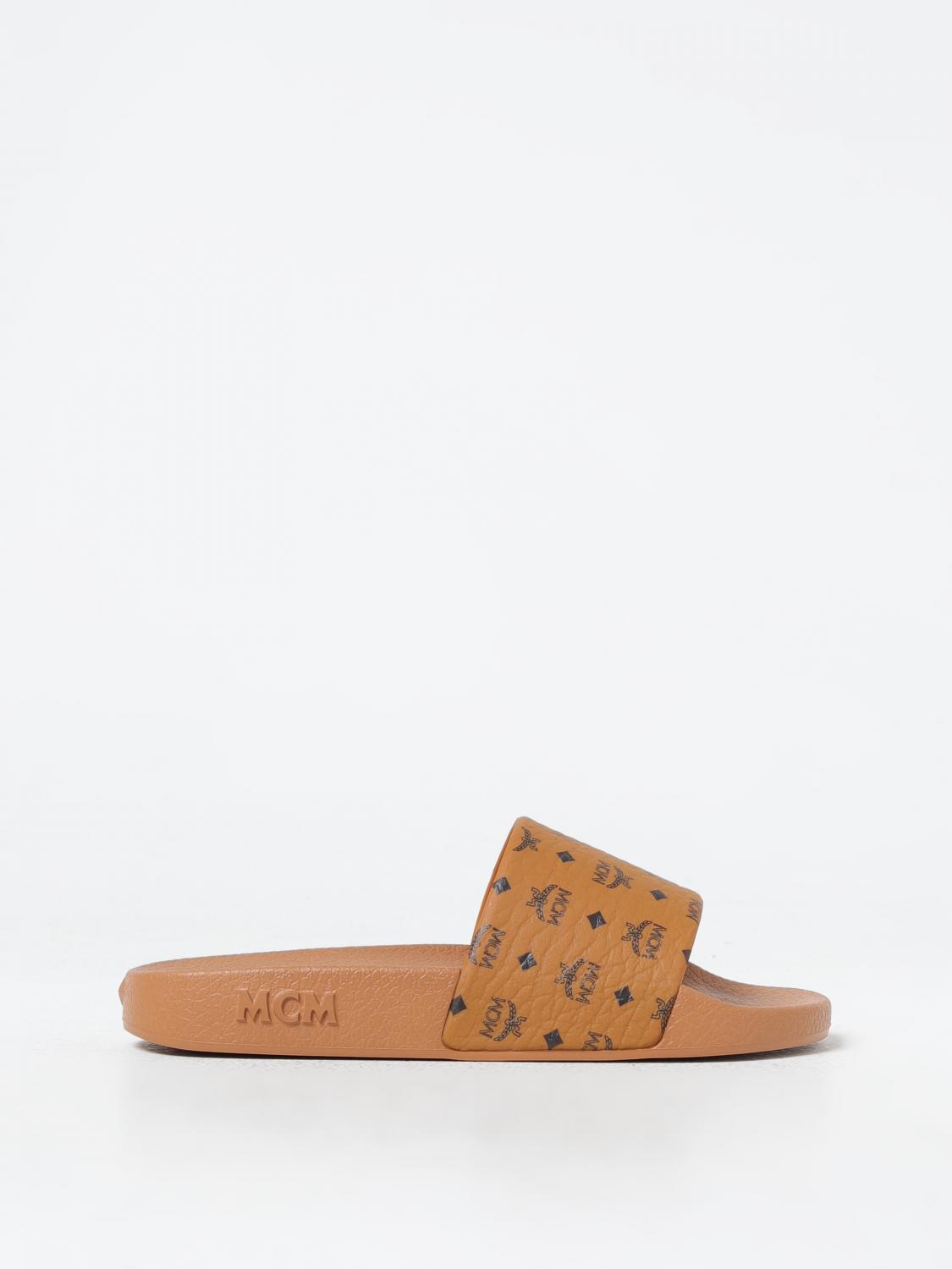 Mcm Monogram-print Pool Slides In Camel