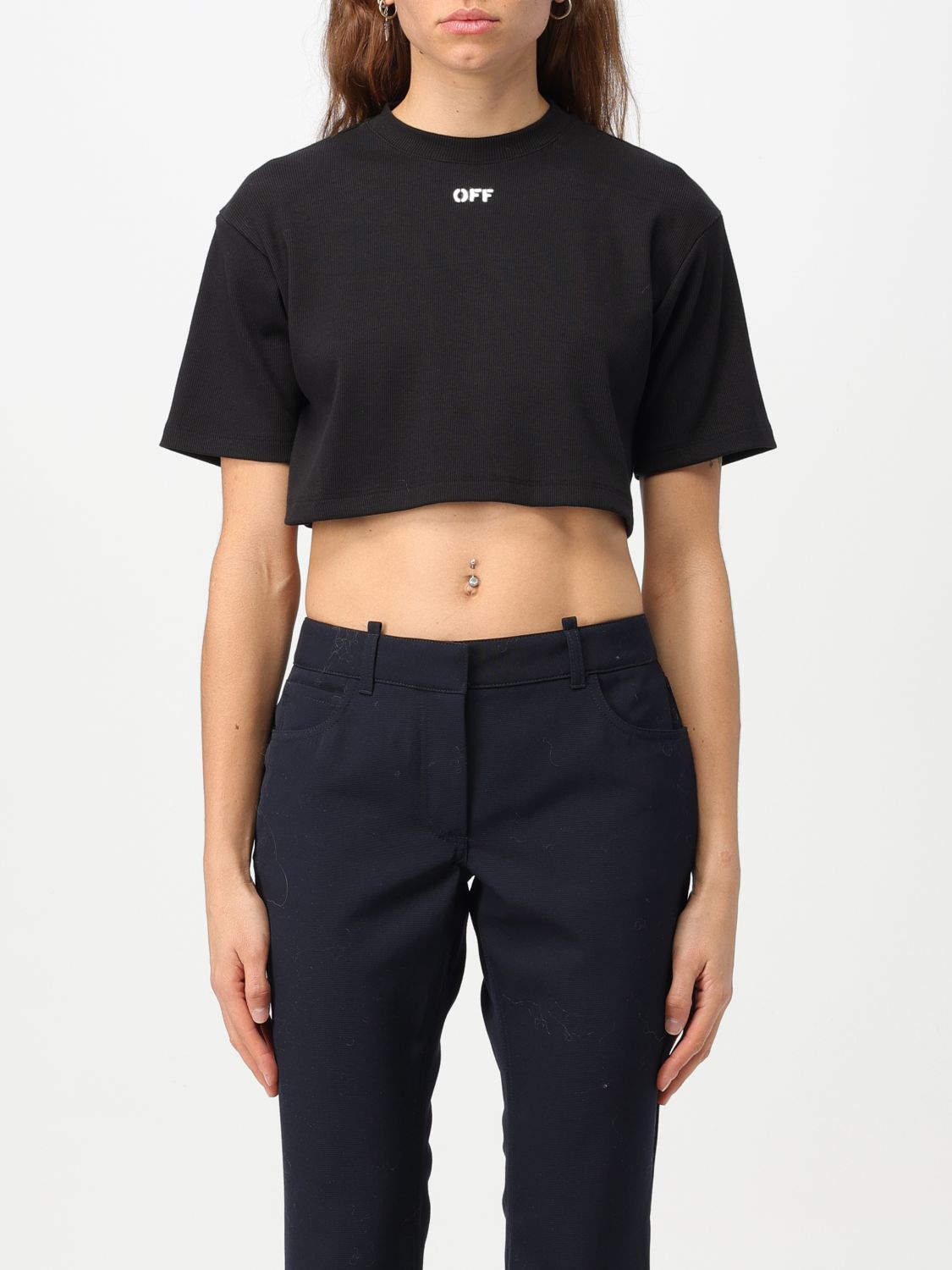 OFF-WHITE CROPPED RIBBED KNIT T-SHIRT,F01033002