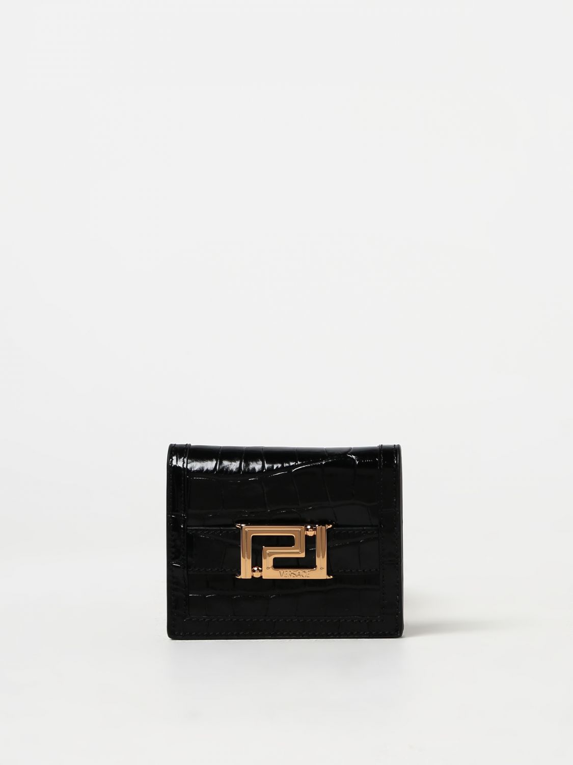 Shop Versace Wallet In Crocodile Print Brushed Leather In Black