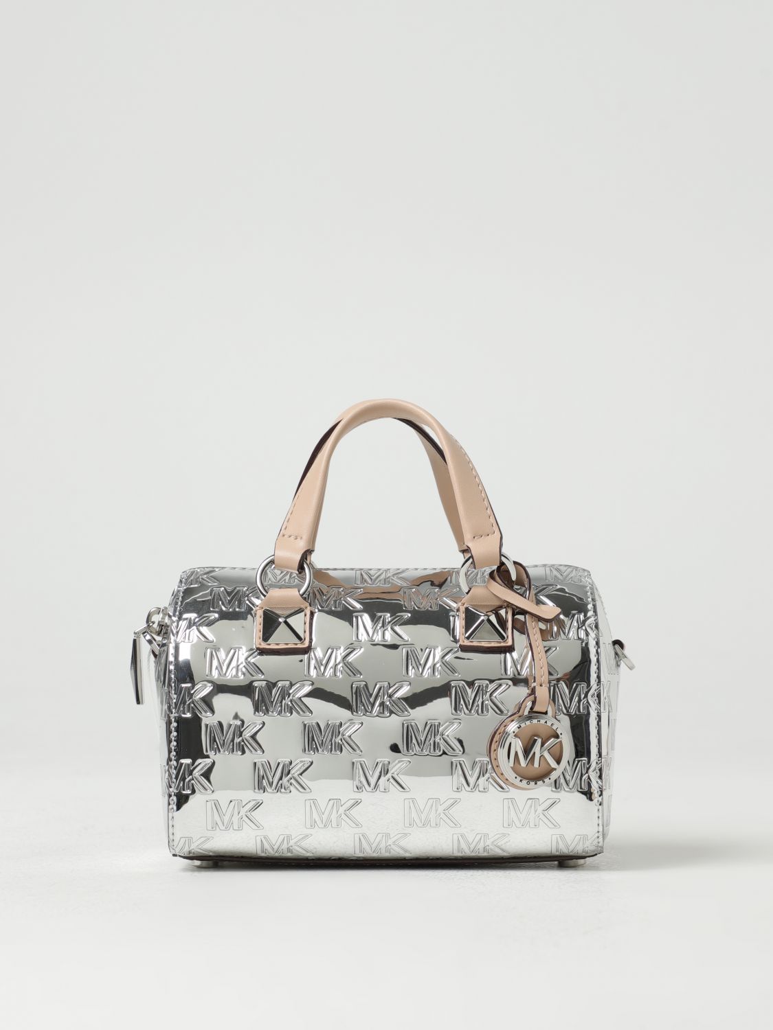 Shop Michael Kors Grayson Patent Leather Bag With All-over Mk Monogram In Silver