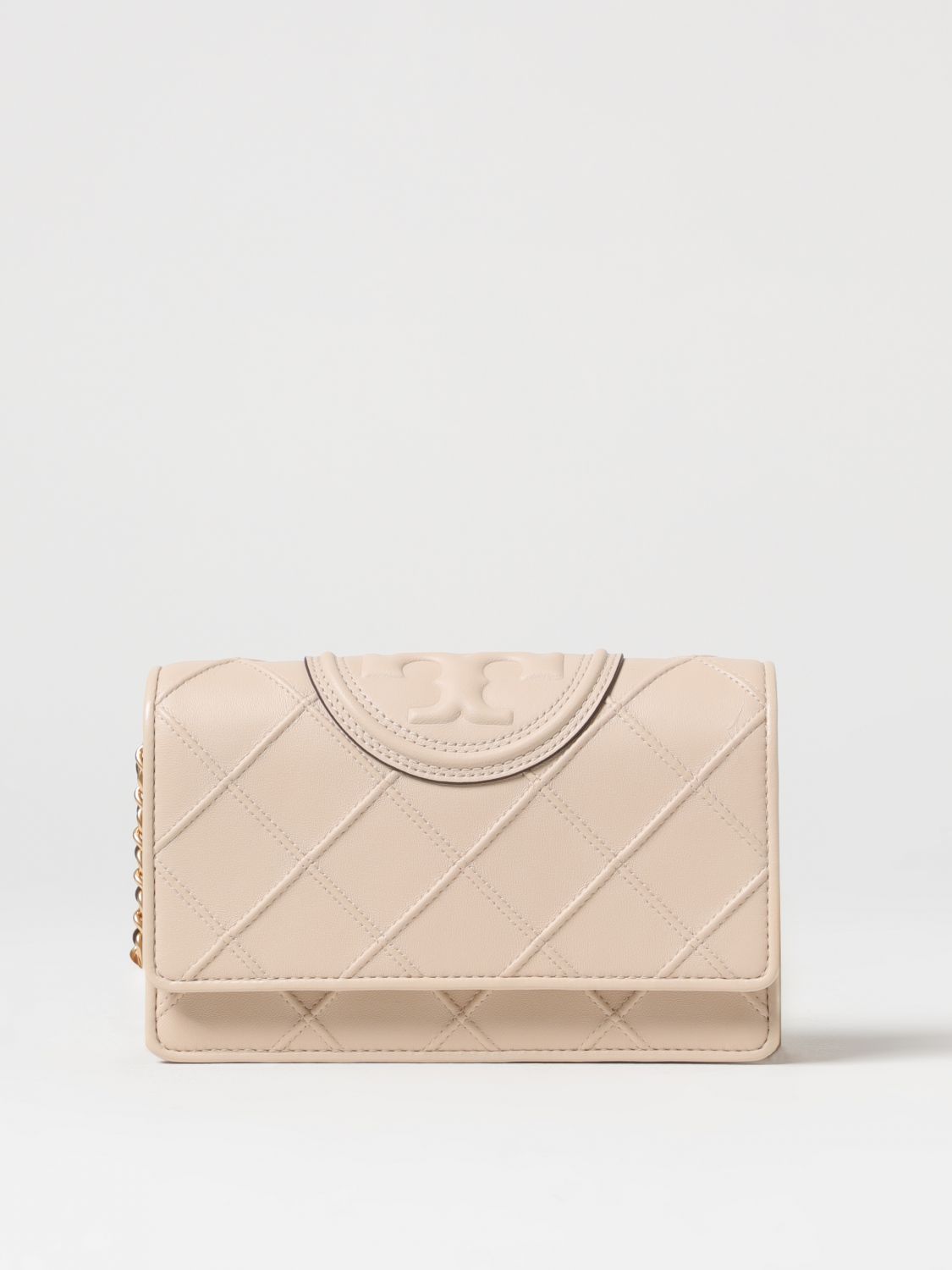 Shop Tory Burch Fleming Wallet Bag In Quilted Nappa In Beige