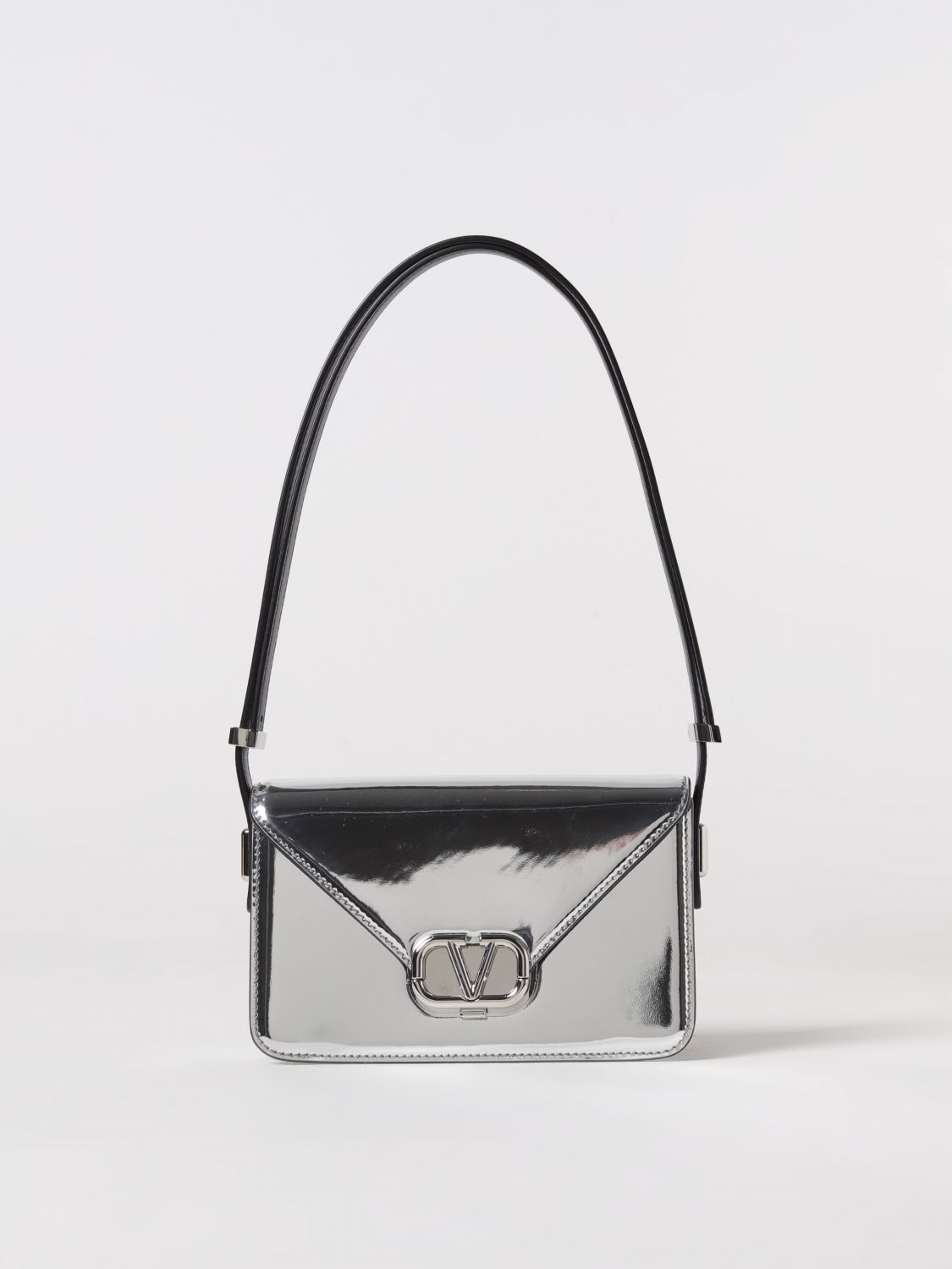 Shop Valentino Laminated Patent Leather Letter Bag In Silver