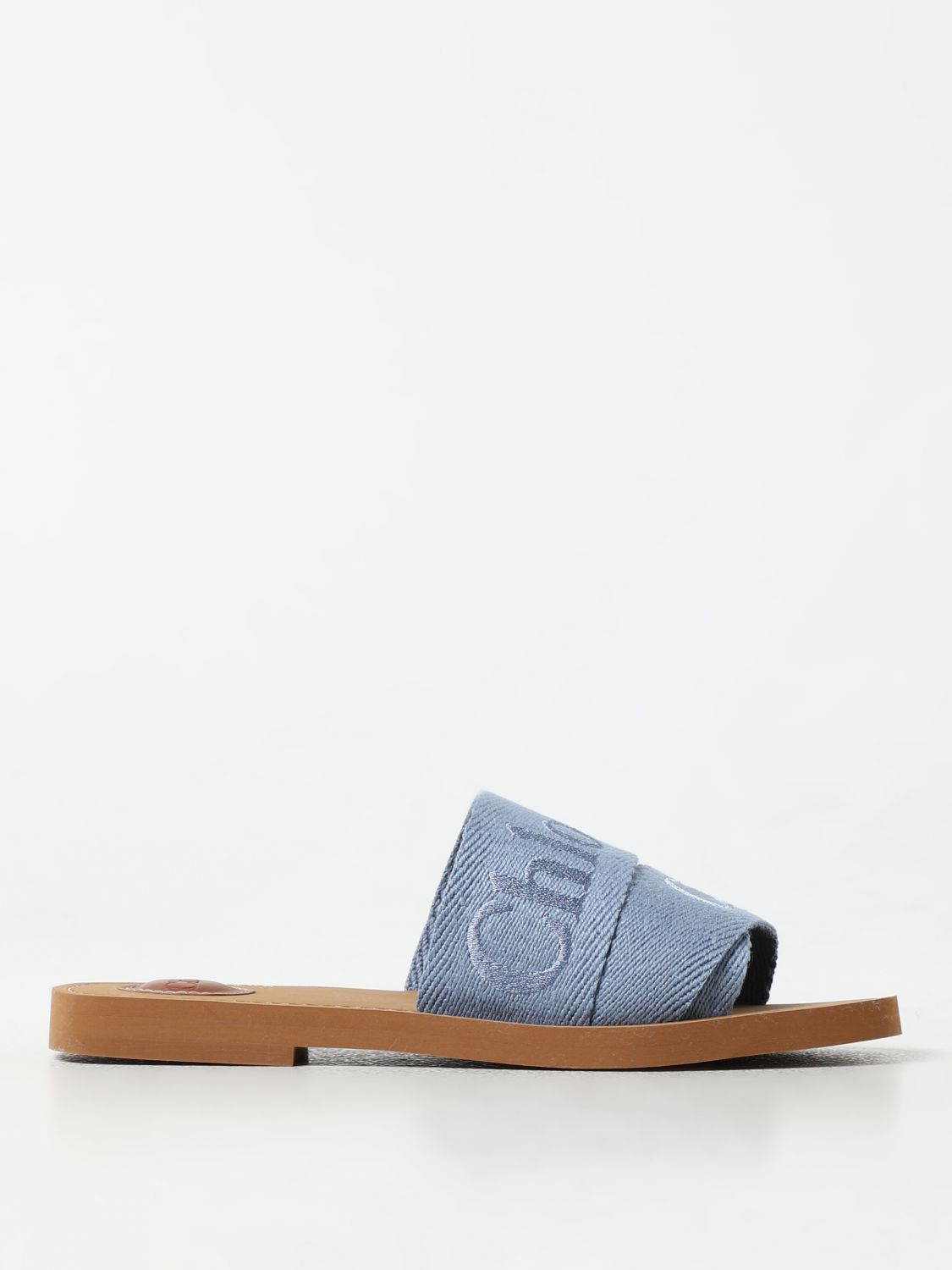 Shop Chloé Woody Canvas Slides With Embroidered Logo In Blue
