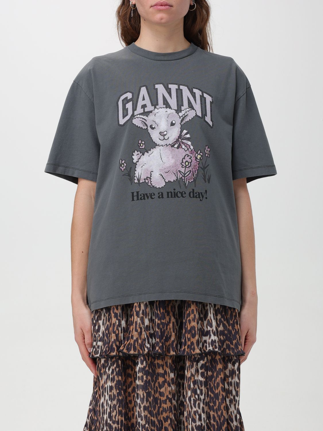 Shop Ganni T-shirt  Woman Color Grey