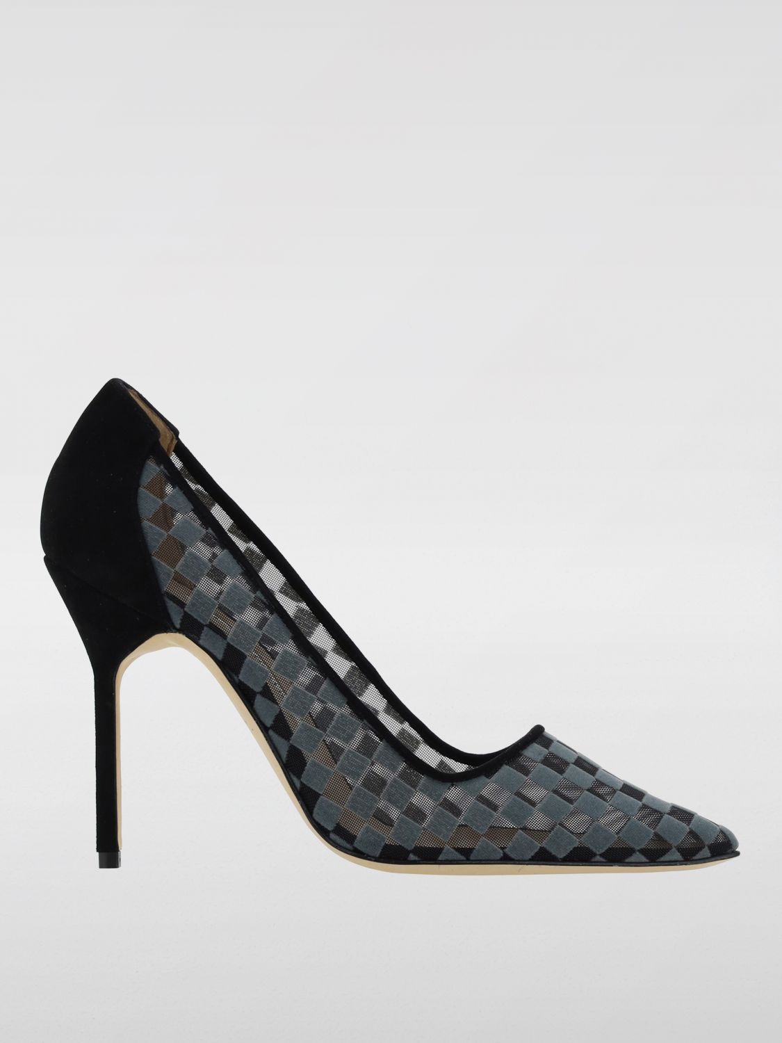 Manolo Blahnik Pumps In Suede And Mesh With Check Pattern In Black