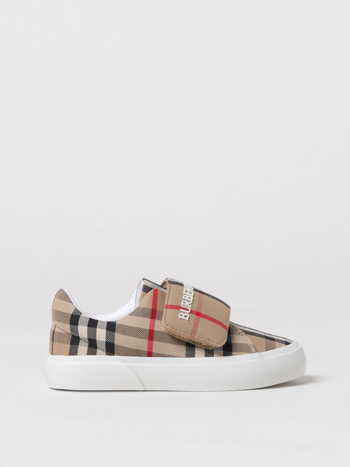 Burberry Kids' Touch-strap Check Cotton Trainers In Beige
