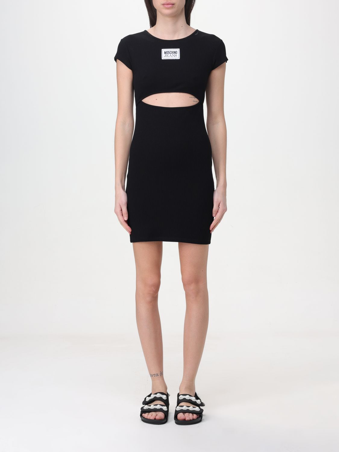 Moschino Logo Patch Cut-out Ribbed T-shirt Dress In Black