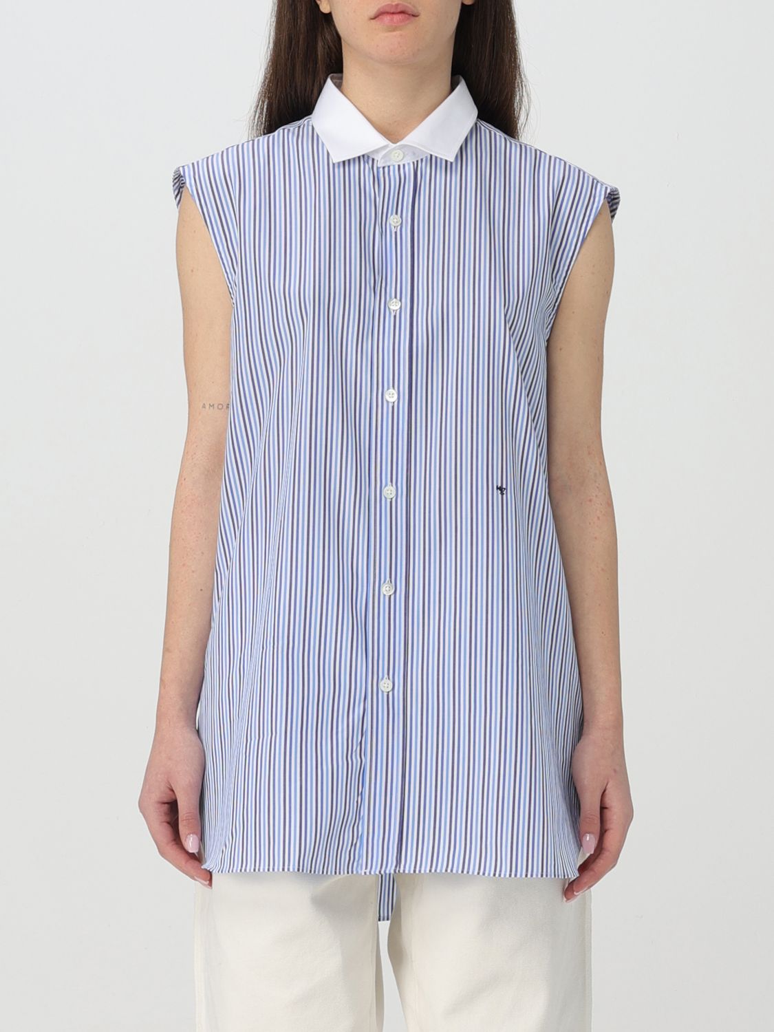 Hommegirls Womens Multi Blue Stripe Striped Sleeveless Cotton-poplin Shirt