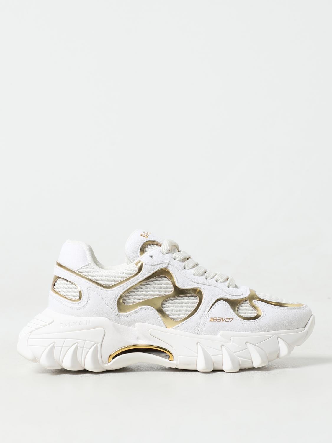 Balmain B-east Sneakers In White And Gold Suede And Leather In White
