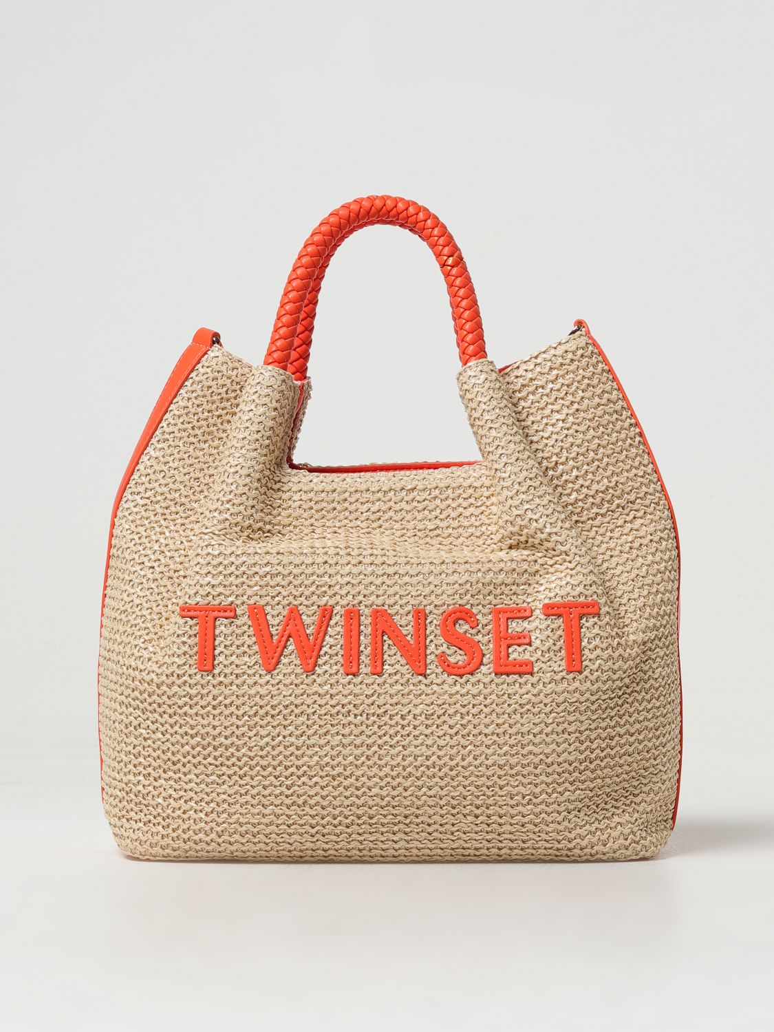 Twinset Logo-embroidered Woven Tote Bag In Yellow