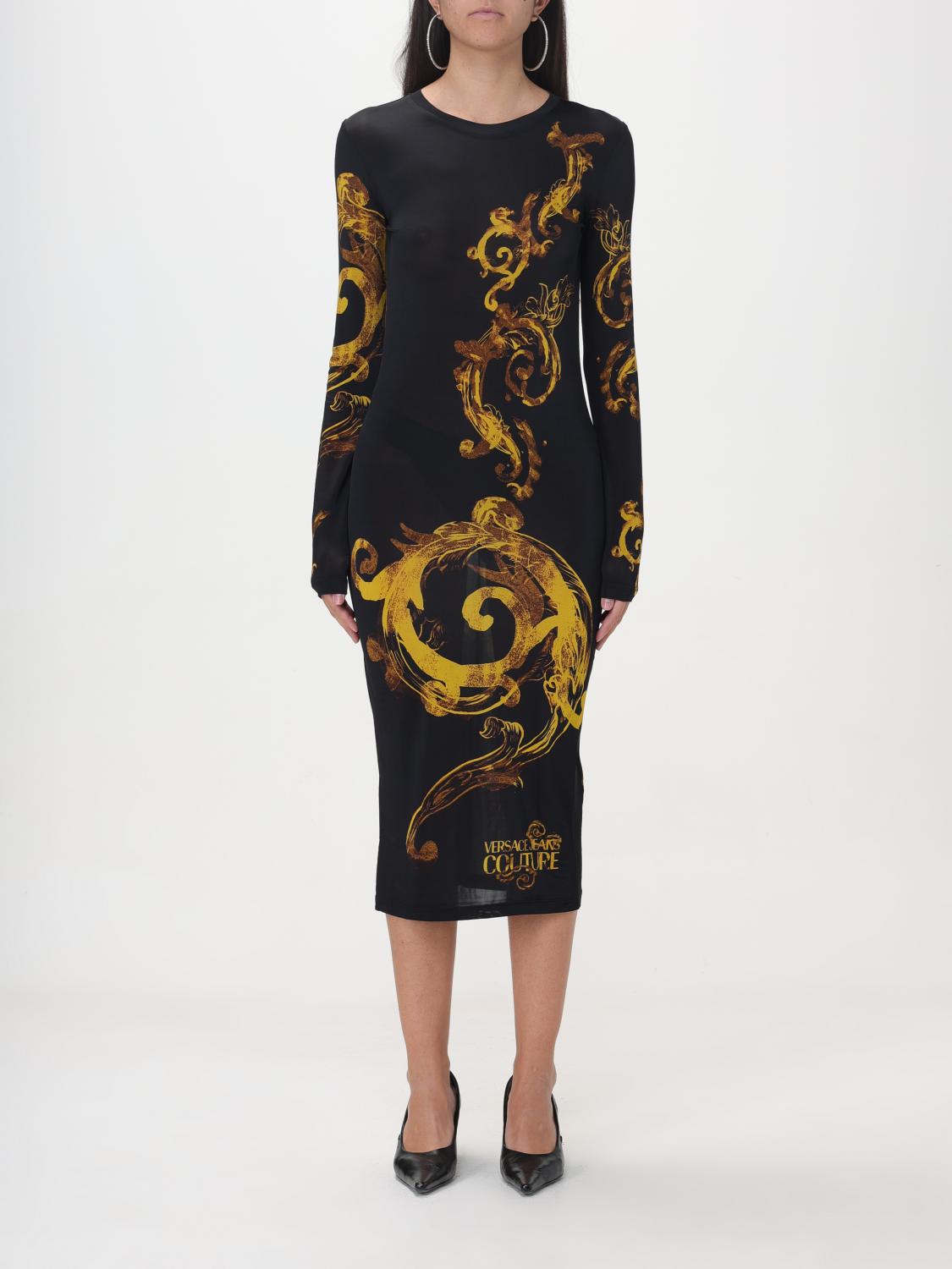 Versace Jeans Couture Long Sleeve Bodycon Dress With Iconic Logo And Elegant Print In Black