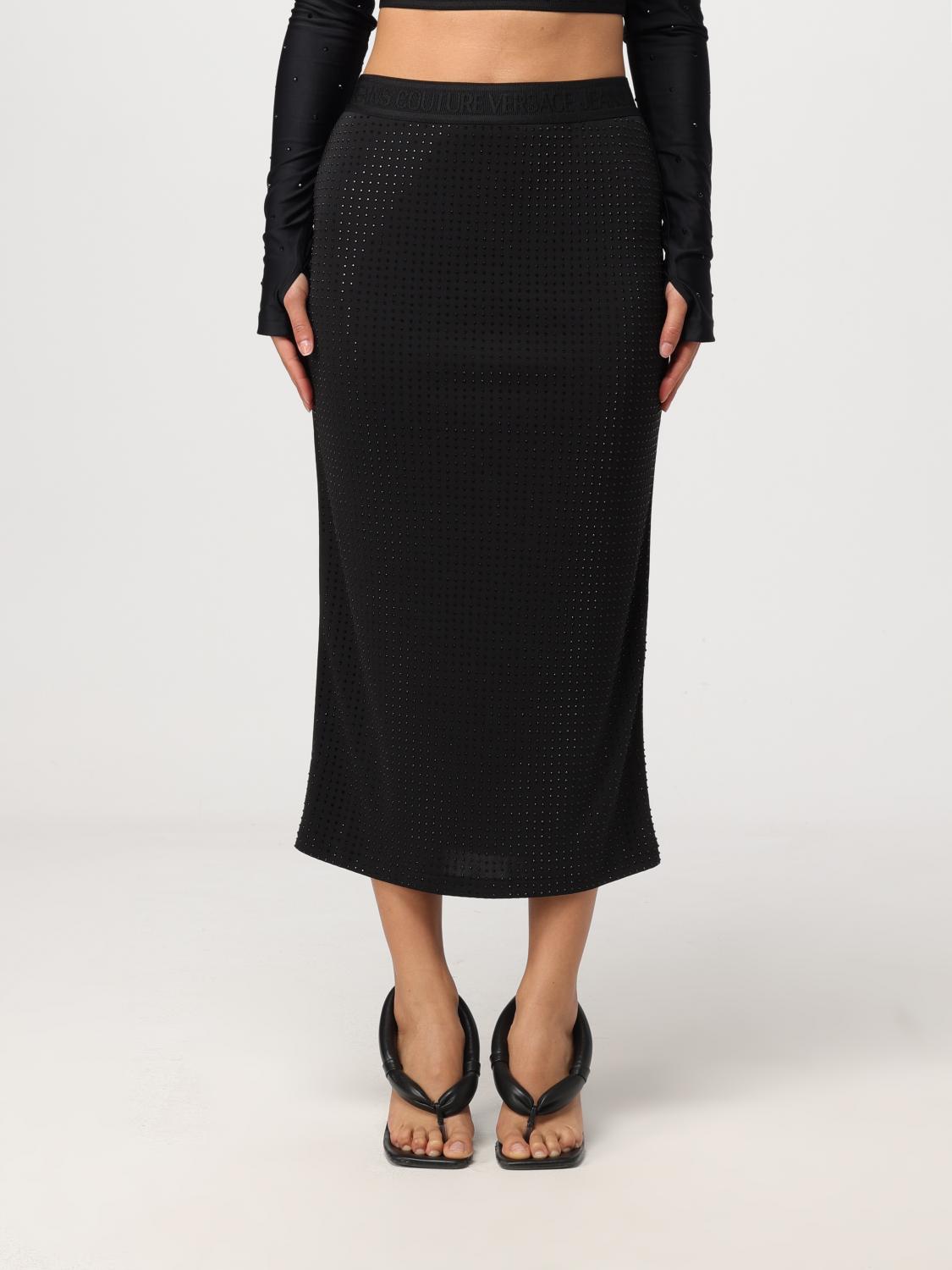 Versace Jeans Couture Black Midi Skirt With Logo Waistband In Black