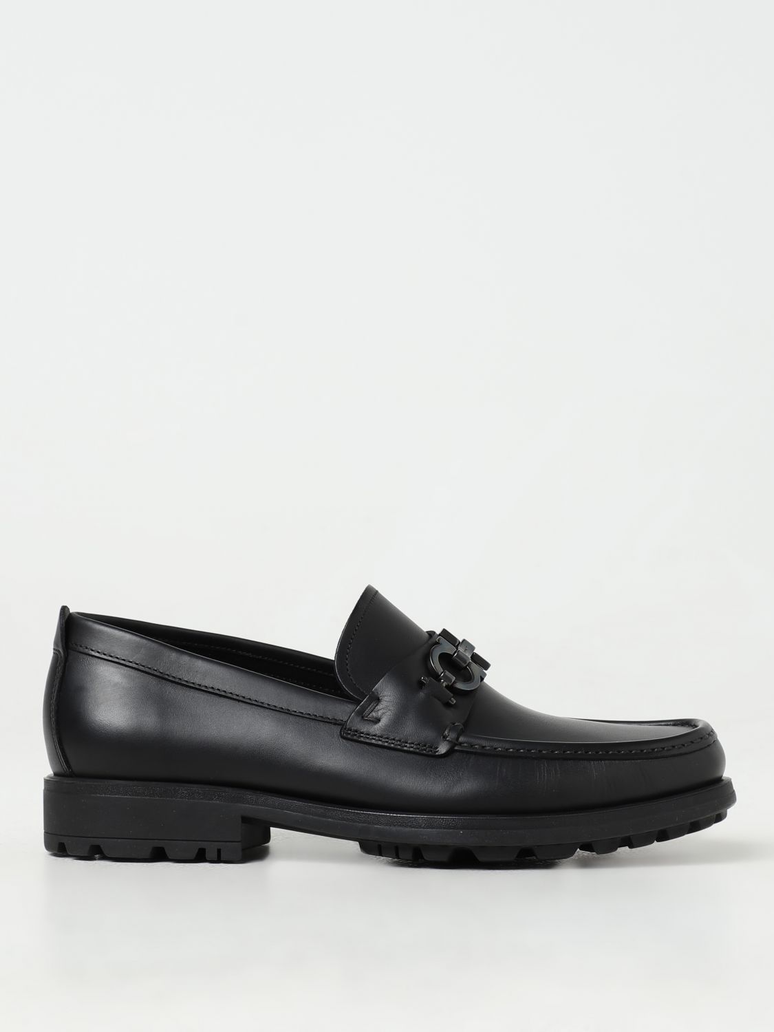 Ferragamo Leather David Loafer With Gancini Hook For Men In Black