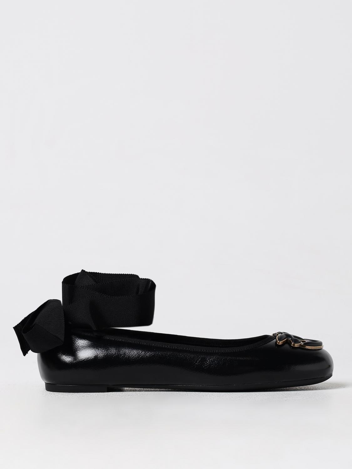 Pinko Black Ballerinas With Black Ribbon In Leather Woman In Black