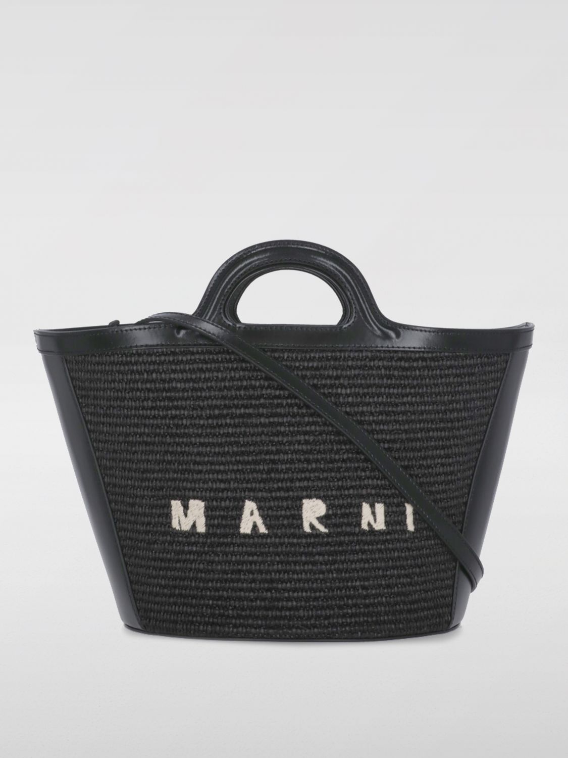 Marni Women Black Leather And Raffia Small Tropicalia Summer Handbag In Black