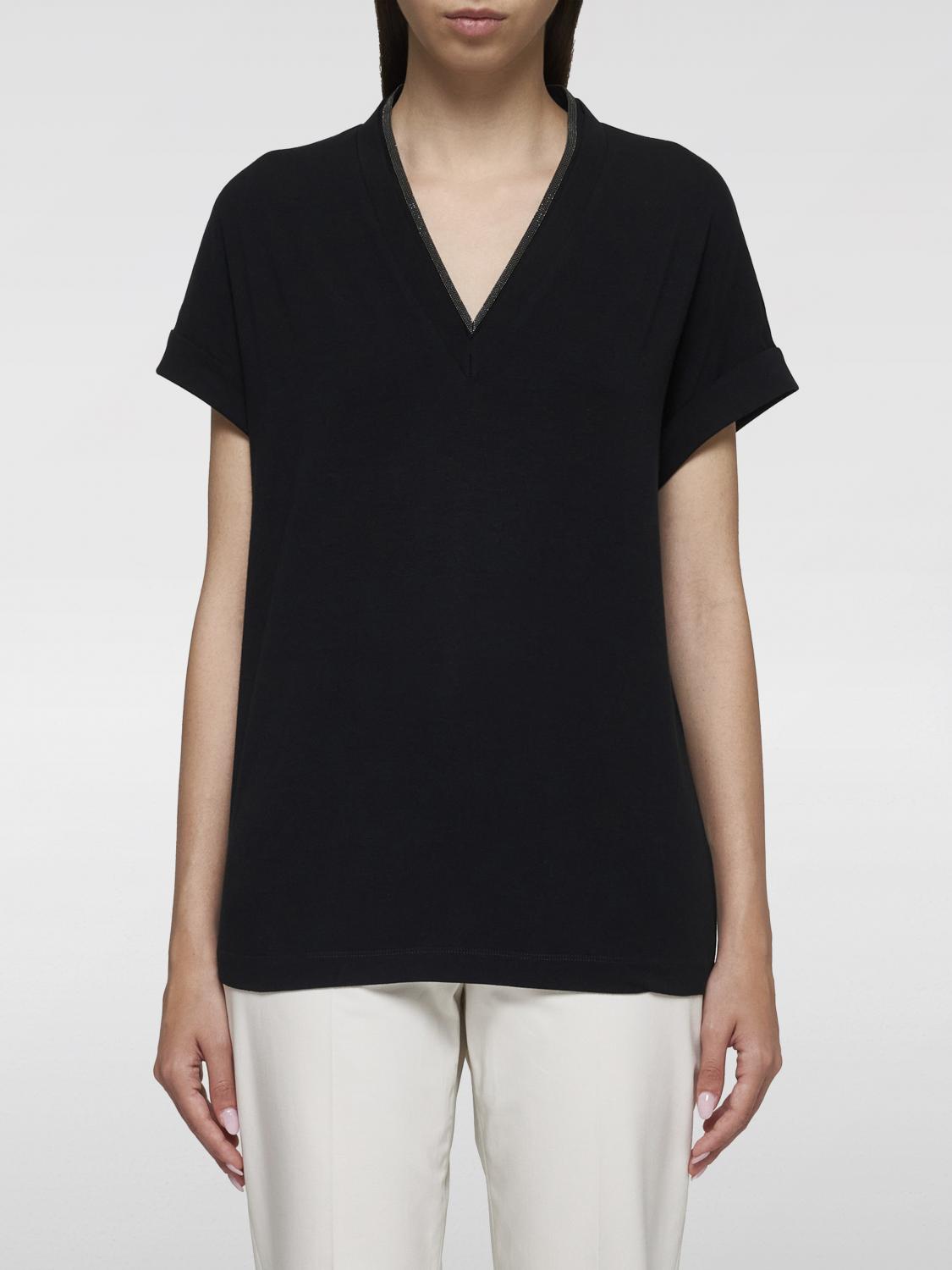 Brunello Cucinelli Black V-neck T-shirt With Monile Detail In Stretch Cotton Woman In 黑色