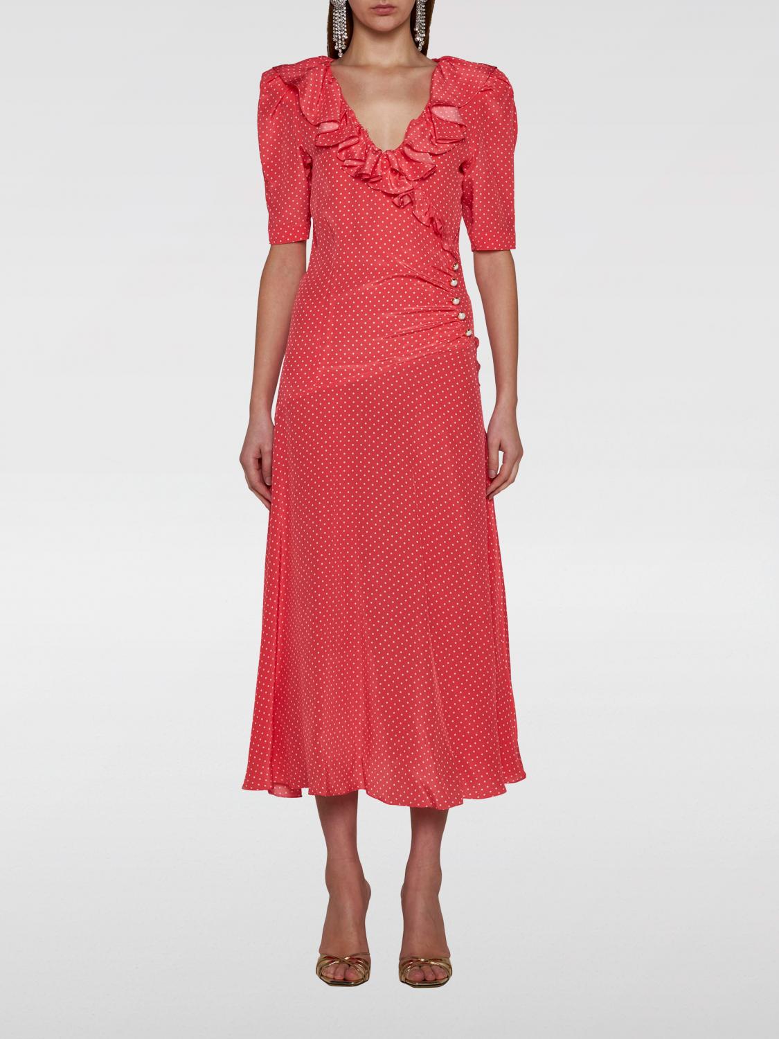 Alessandra Rich Polka-dot Silk Midi Dress In 珊瑚色