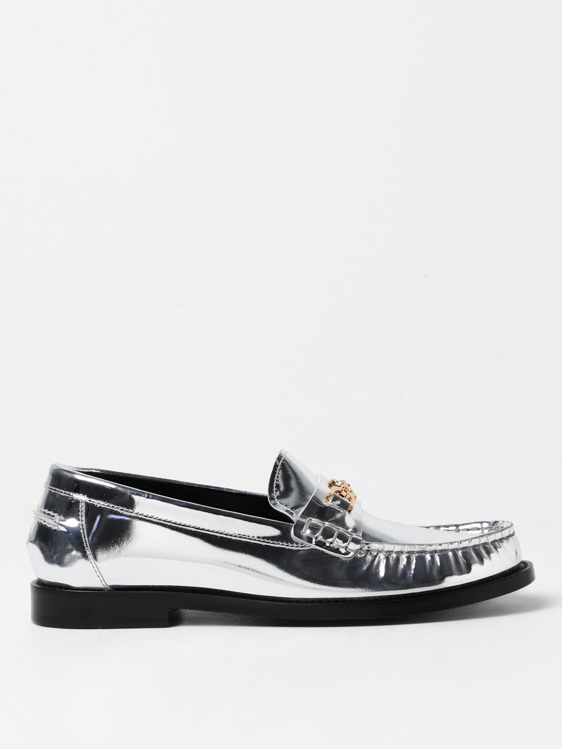 Versace Chain Detail Loafers With Metallic Finish In Silver