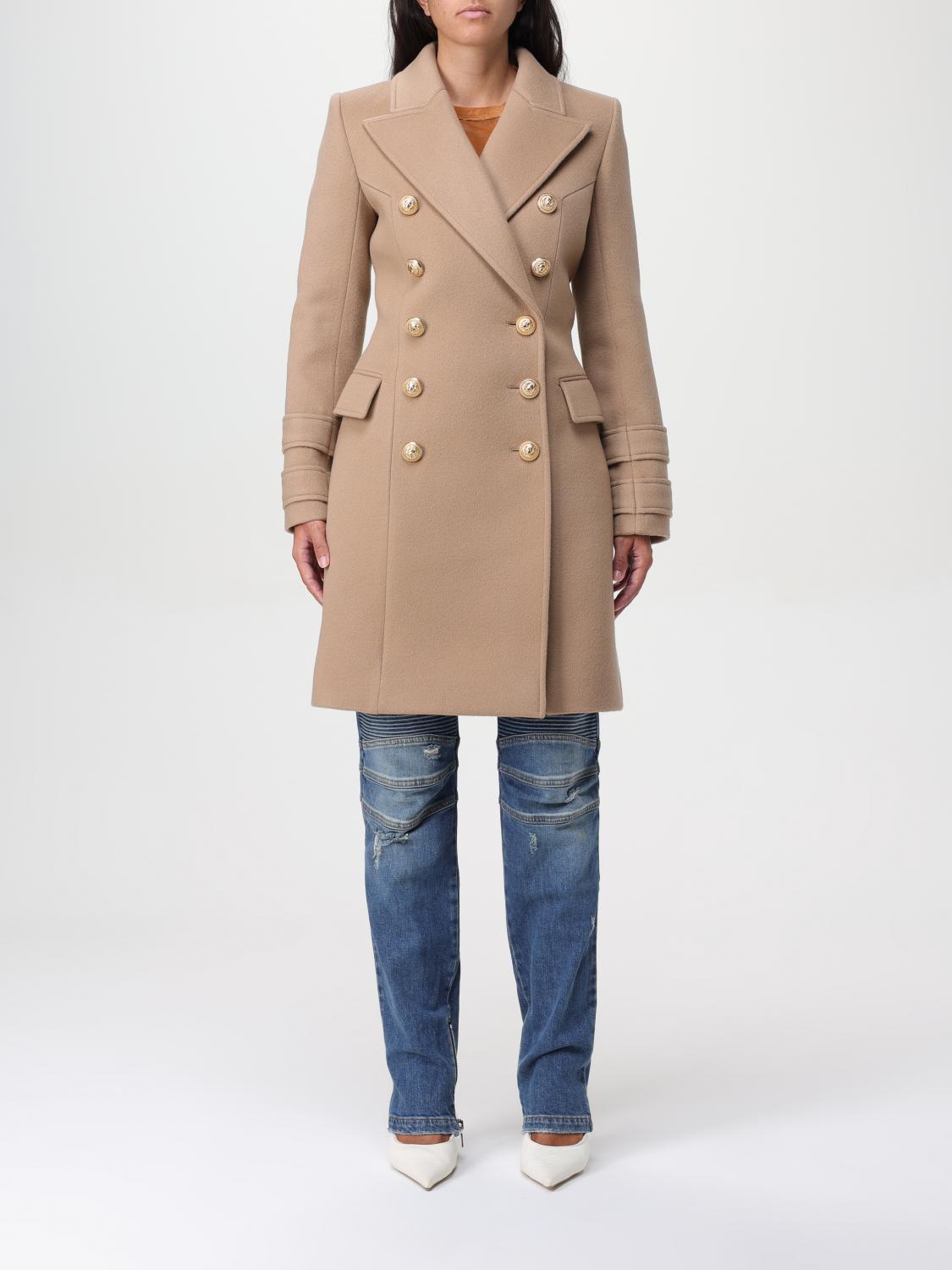 Shop Balmain Coat  Woman Color Beige