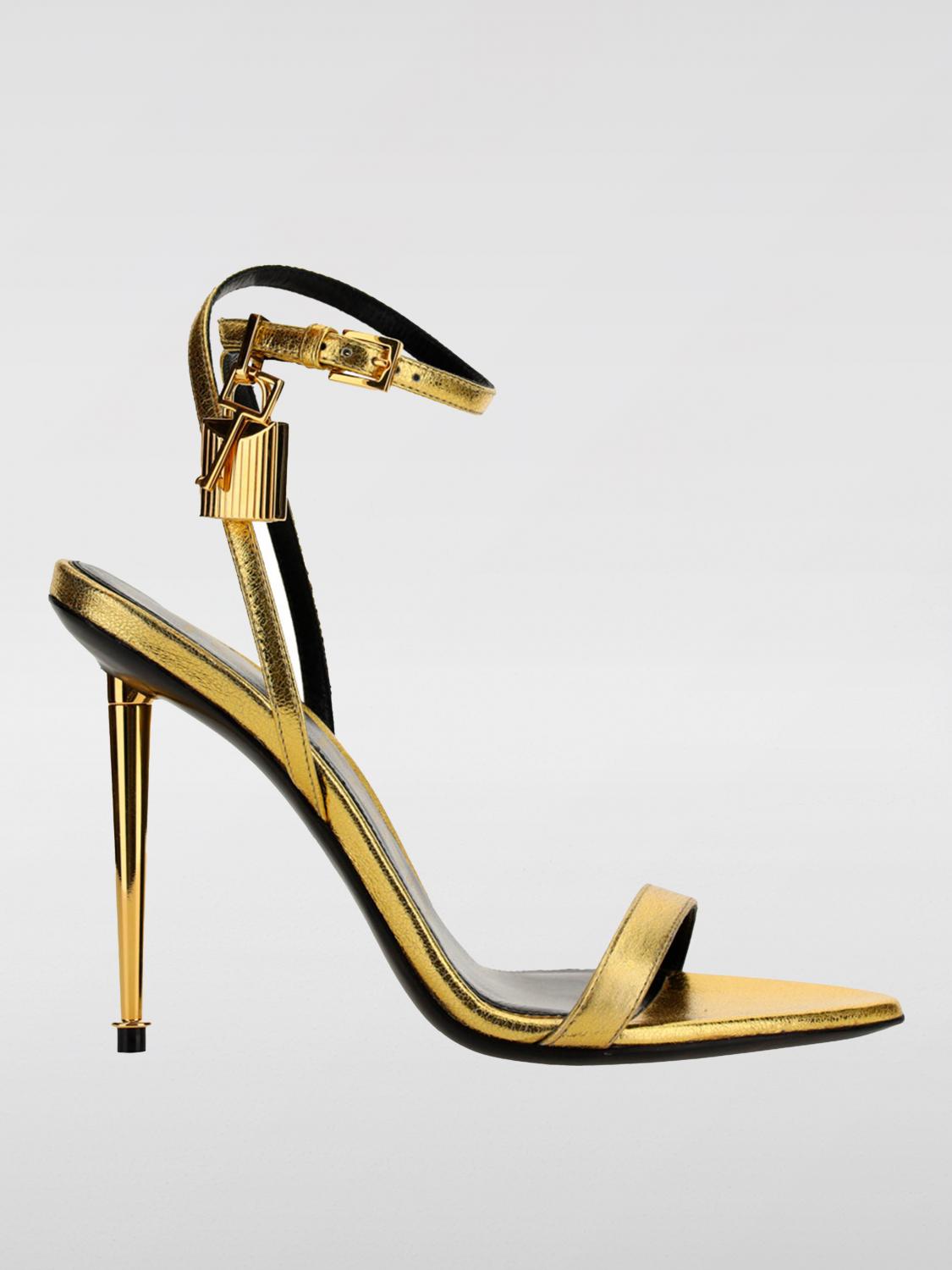 Tom Ford Gold Padlock Pointy Naked Heeled Sandals In Gold